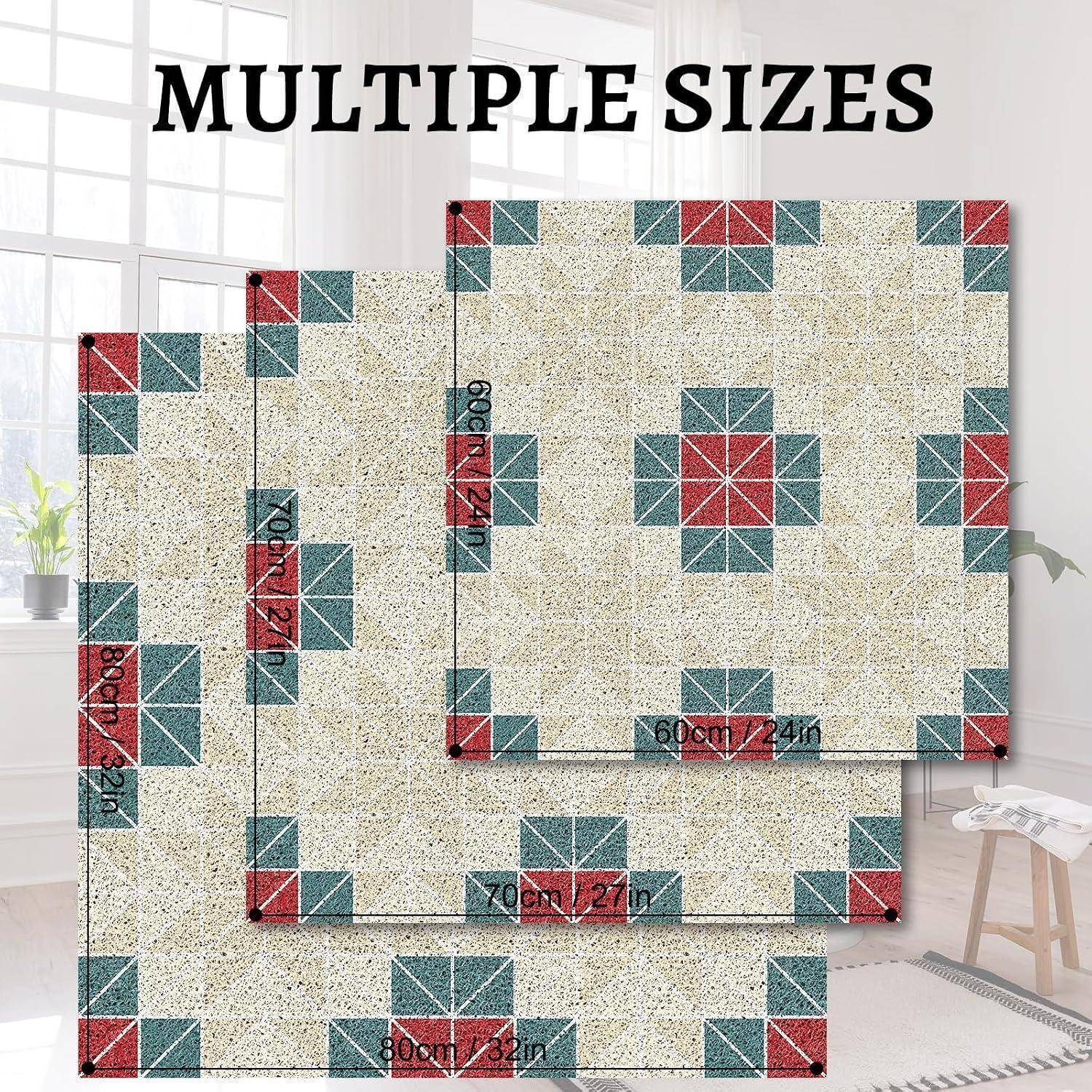 Quiltmuster in mehreren Größen gezeigt, mit quadratischen Patchwork-Blöcken und beschrifteten Maßen 40cm/16in, 60cm/24in, 70cm/28in und 80cm/32in.