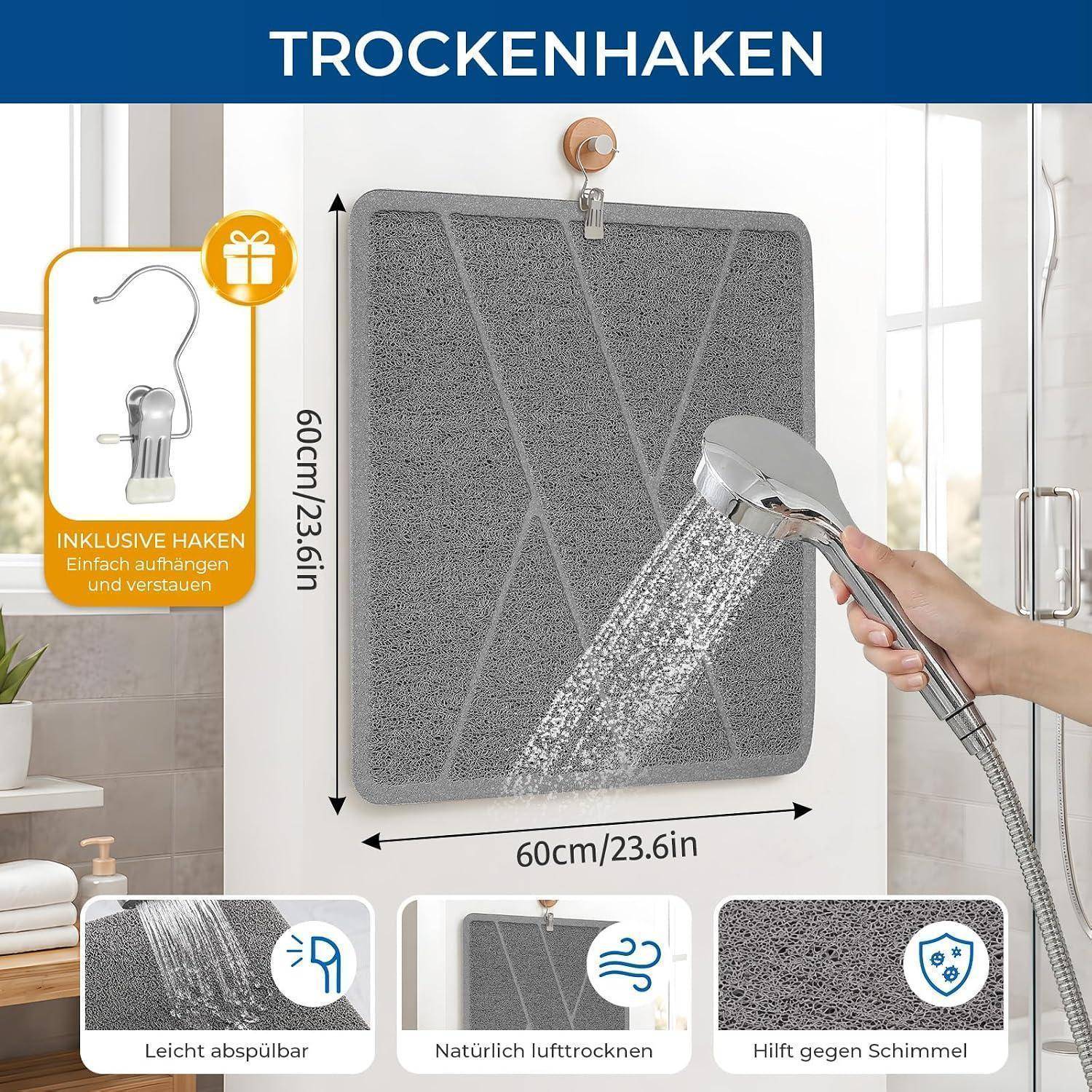 Graues 60 x 60 cm Hänge-Badmat wird unter der Dusche abgespült, mit der Behauptung, dass es leicht zu reinigen ist, natürlich lufttrocknet und schimmelresistent ist.