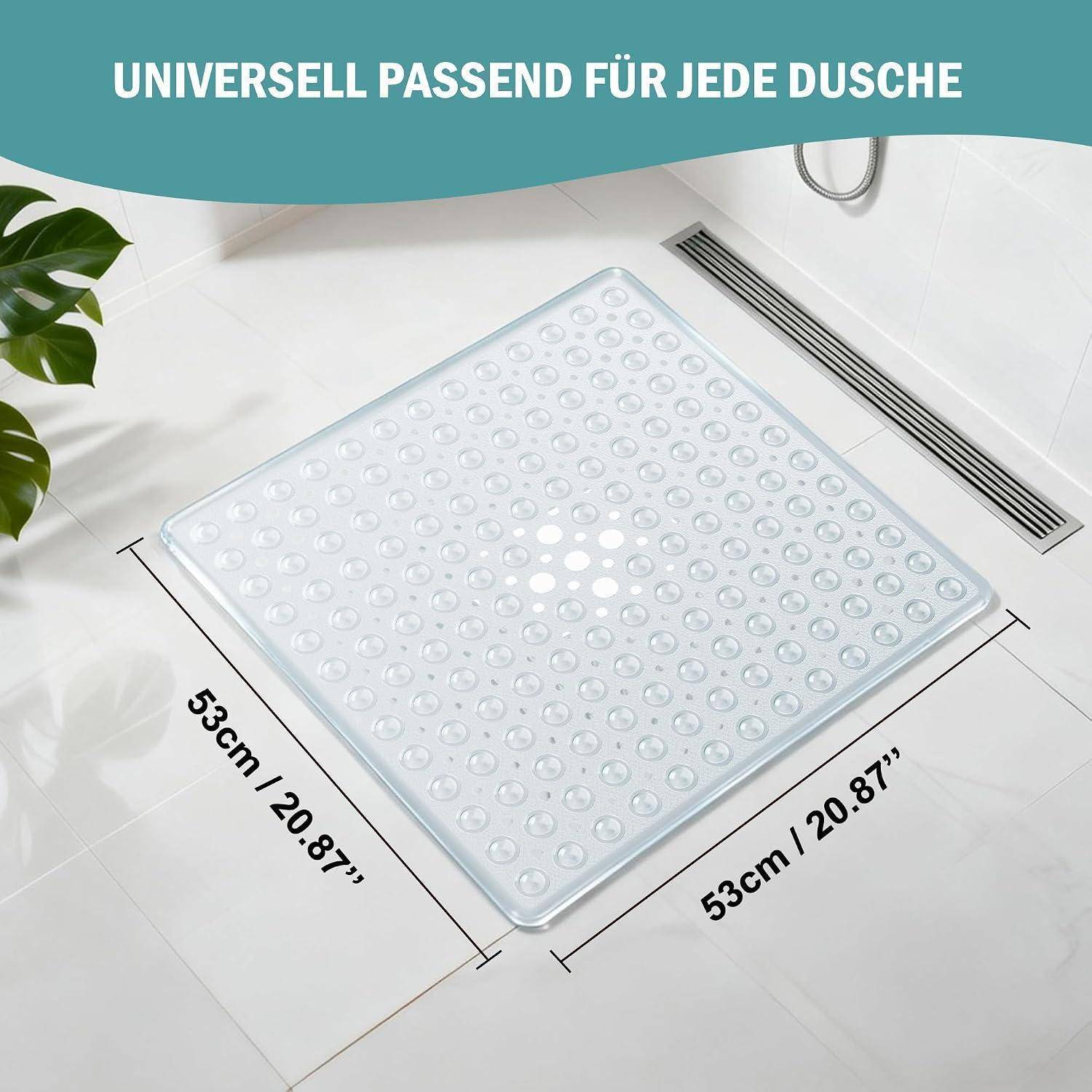Quadratische Duschmatte im Badezimmer, mit der Bezeichnung „UNIVERSELL PASSEND FÜR JEDE DUSCHE