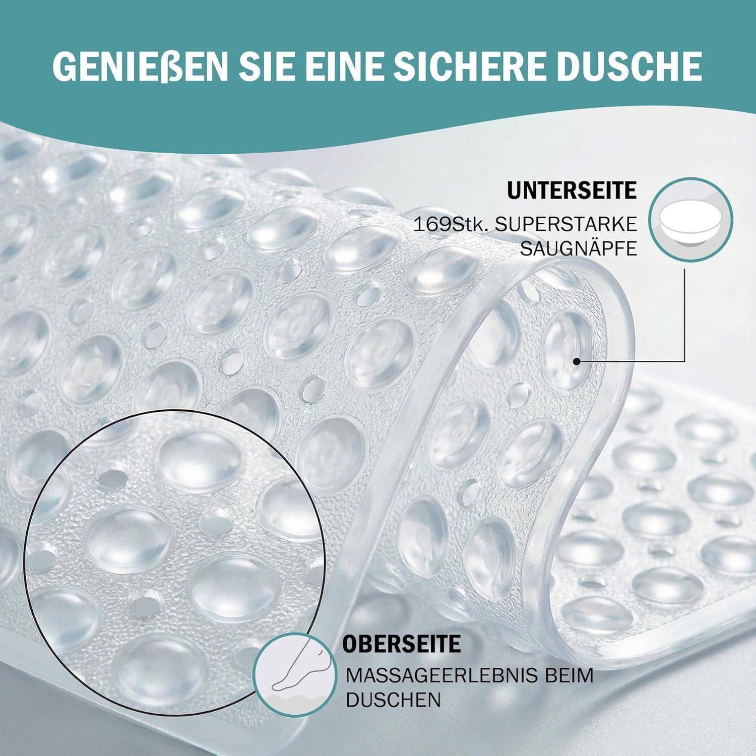 Produktbild einer transparenten Duschenmatte mit vielen Saugnäpfen, beschriftet mit 