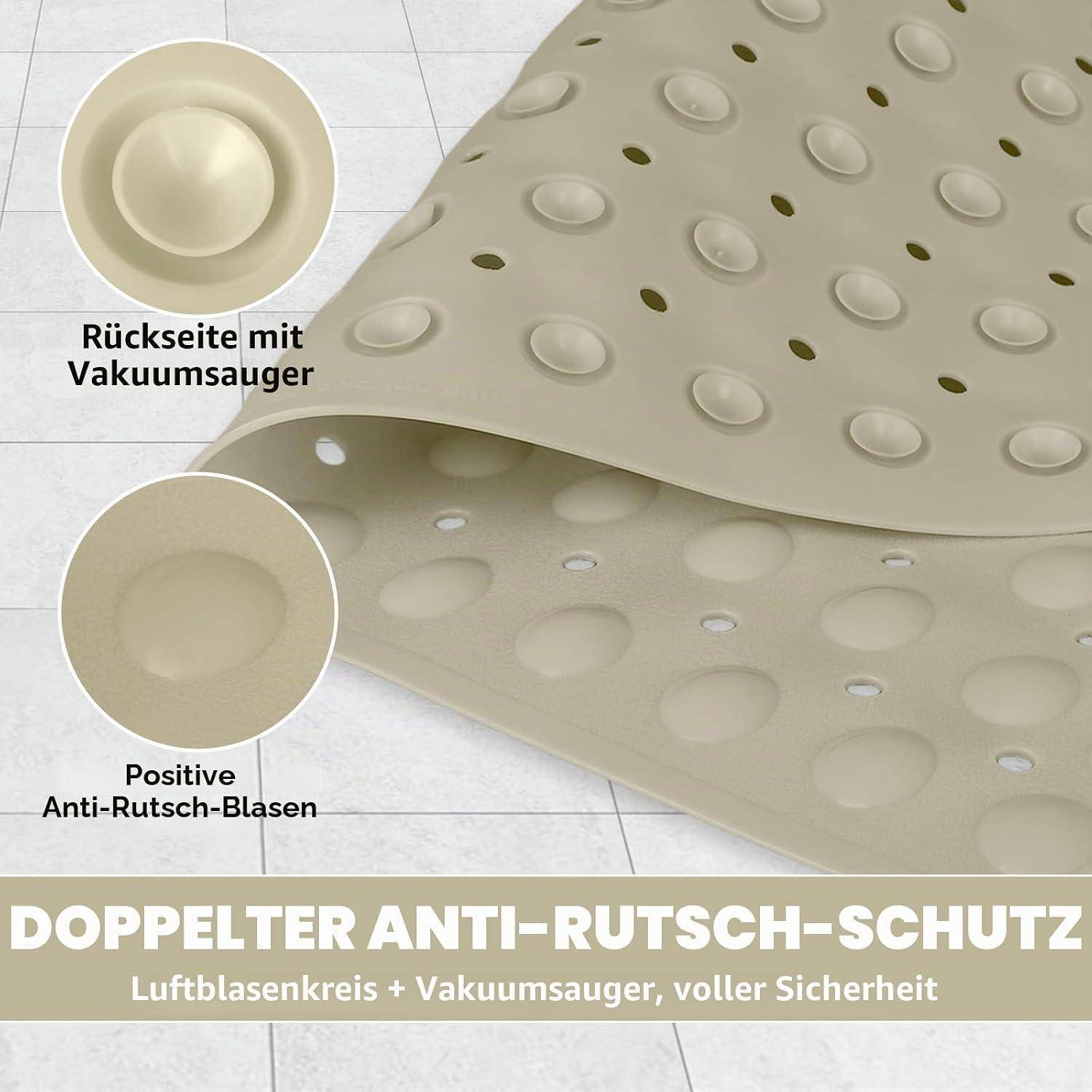 Produktbild einer beige Antirutschmatte mit Saugnapfrueckseite und erhabener Luftblaseroberflaeche; Text besagt 'DOPPELTER ANTI-RUTSCH-SCHUTZ' und 'Luftblasenkreis + Vakuumsauger, voller Sicherheit'.