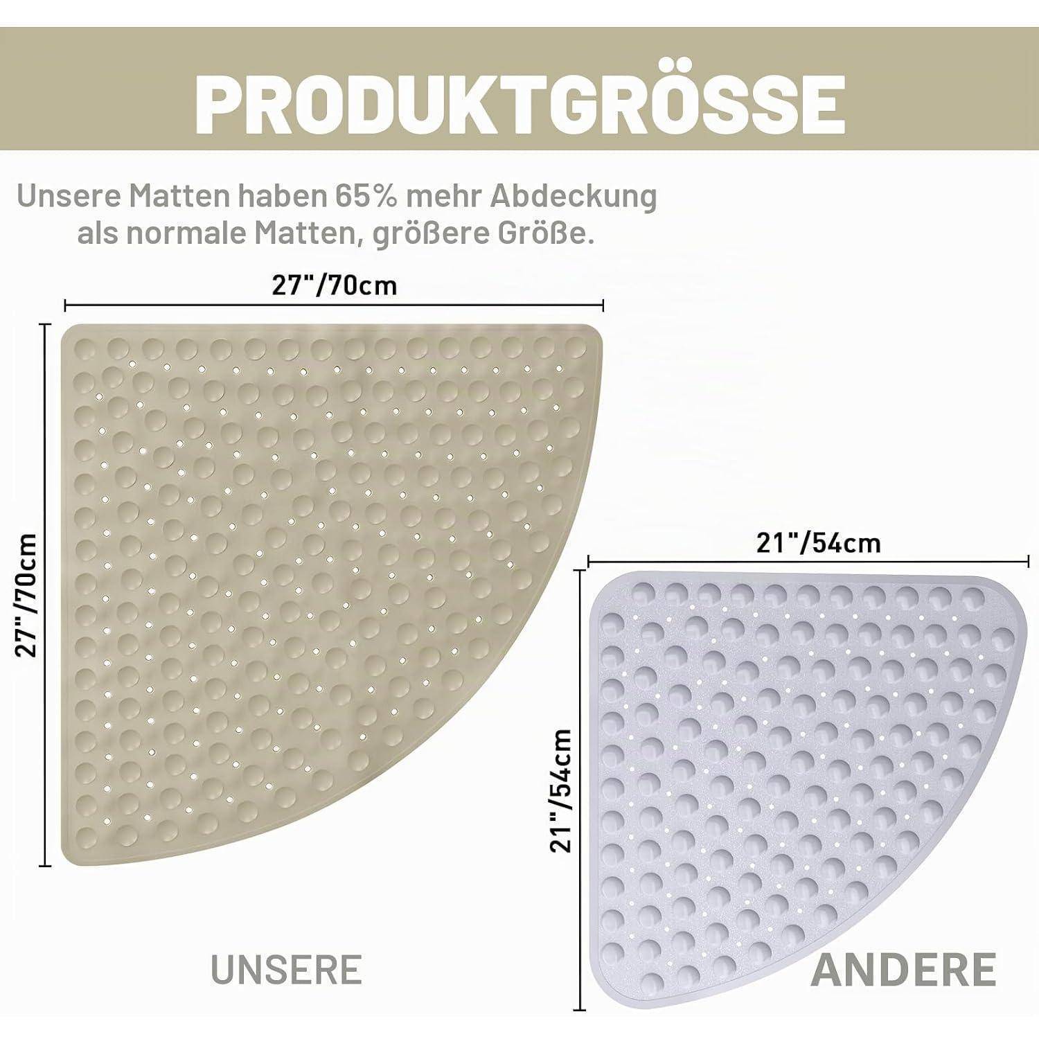 Vergleichsgrafik zeigt Produktgröße: Unsere Matte ist 27x27 Zoll/70 cm und deckt 65% mehr Fläche ab als die Matte von Andere mit 21x21 Zoll/54 cm.