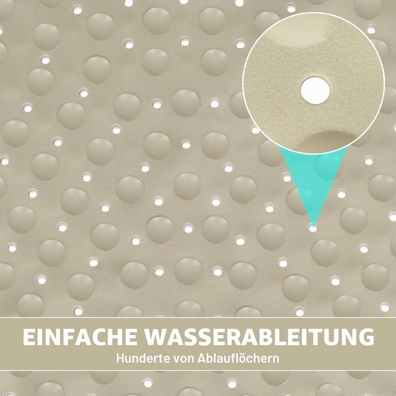 Strukturierte beige Oberfläche mit vielen kleinen Entwässerungslöchern und einer vergrößerten Ausschnittvergrößerung; Deutscher Text lautet „EINFACHE WASSERABLEITUNG