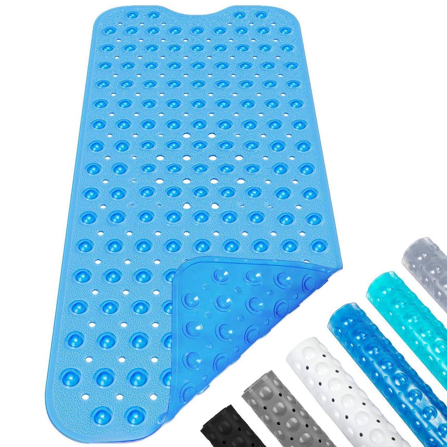 Blauerfarbige durchlöcherte Gummibadematte mit Saugnäpfen, gefaltet dargestellt, um mehrere Farboptionen einschließlich Schwarz, Grau, Weiß und Blau zu zeigen.