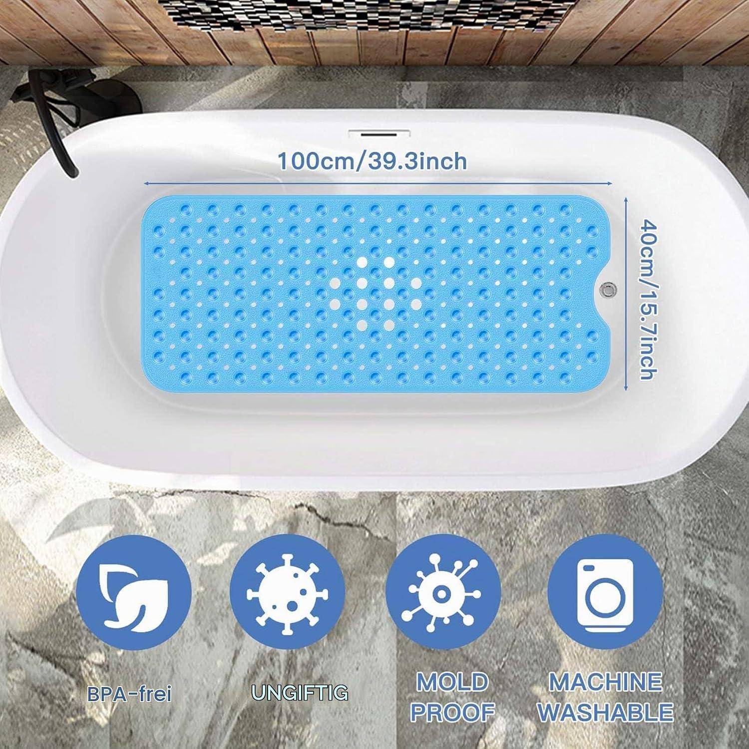 Draufsicht einer weißen Badewannenmatte in einer Wanne, beschriftet mit 100 cm x 40 cm, mit Symbolen, die angeben, dass sie BPA-frei, ungiftig, schimmelfest und maschinenwaschbar ist.