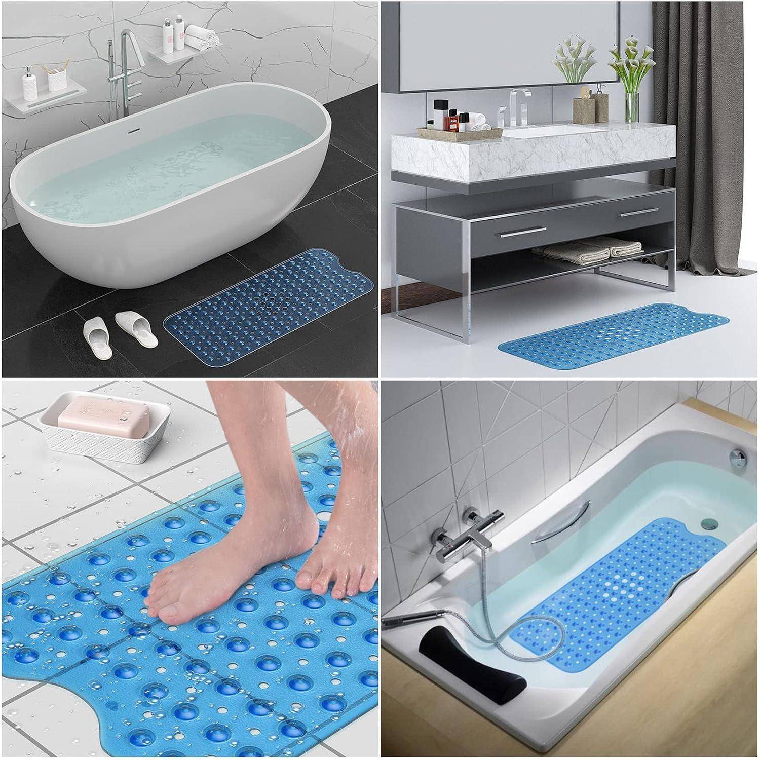 Collage mit blauen rutschfesten Badematten in einer Badewanne und auf Badezimmerfußböden, verwendet um Ausrutschen zu verhindern und Bodenhaftung zu bieten.