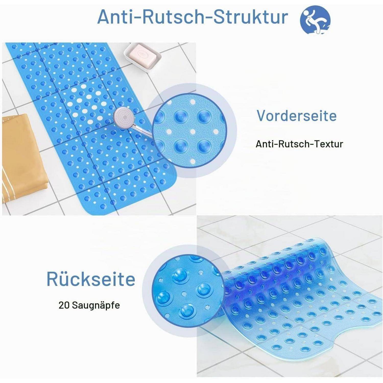 Illustration einer blauen rutschfesten Badmatte mit der Aufschrift „Vorderseite" und rutschfester Textur sowie „Rückseite"" mit 20 Saugnäpfen.