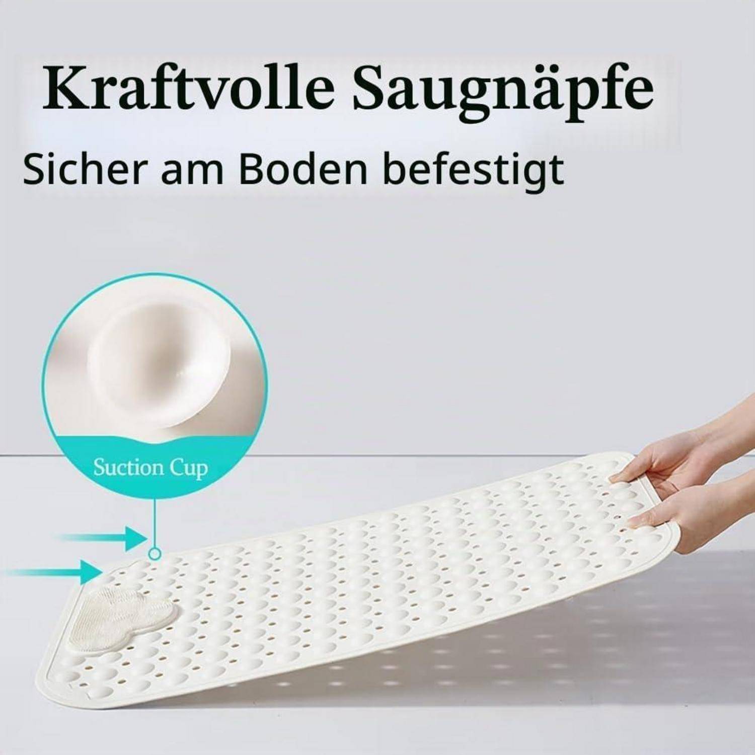 Badematten mit starken Saugnäpfen, gezeigt befestigt am Boden; deutscher Text sagt „Kraftvolle Saugnäpfe