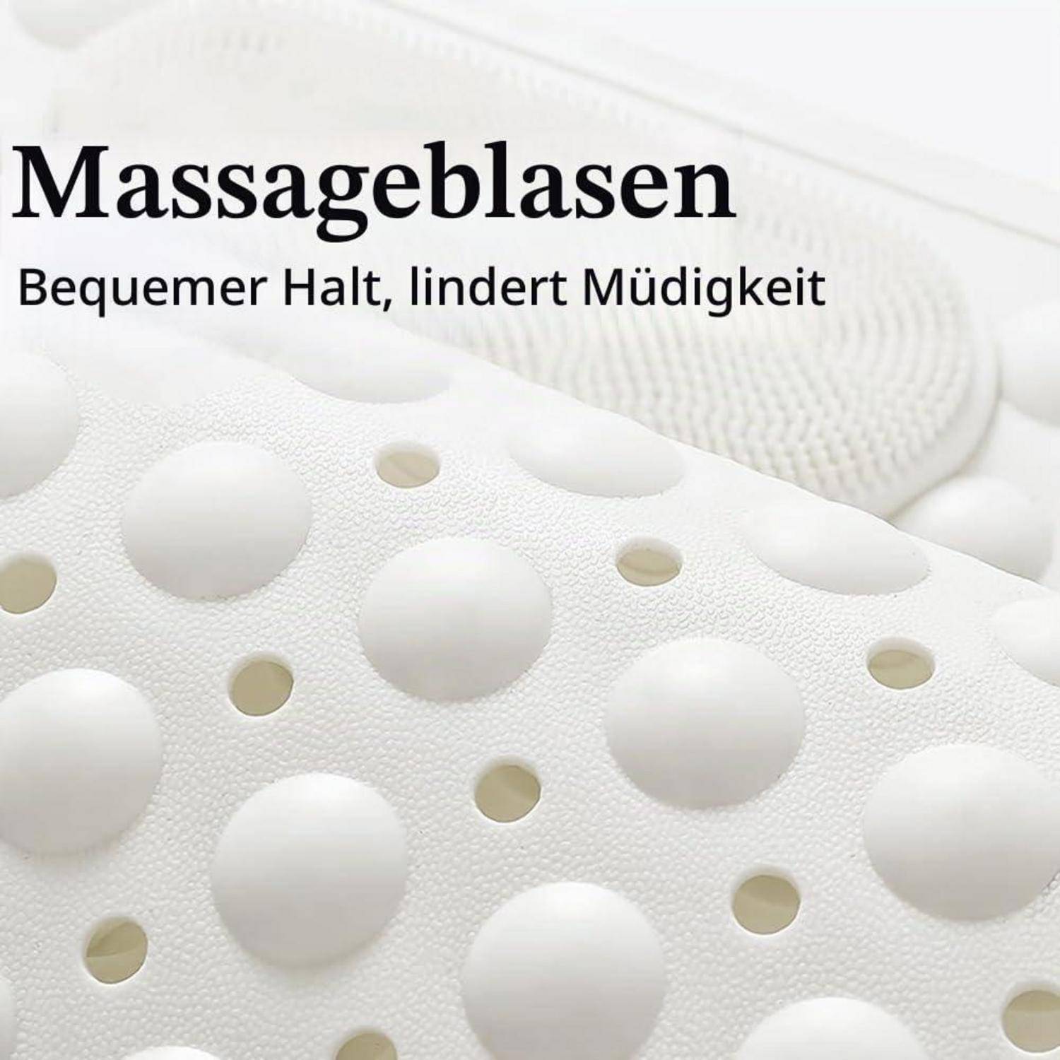 Weiße gepolsterte Massageblase mit erhabenen runden Noppen und kleinen Löchern; deutscher Text liest sich „Massageblasen