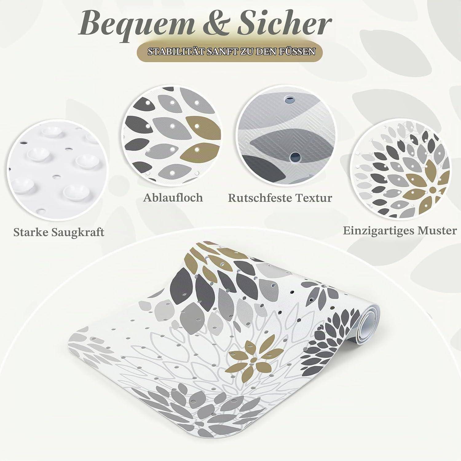 Bademattenproduktgrafik mit "Bequem & Sicher"" und Symbolen für starke Saugkraft, Ablauflöcher, rutschfeste Oberfläche und einzigartiges Blattmuster.