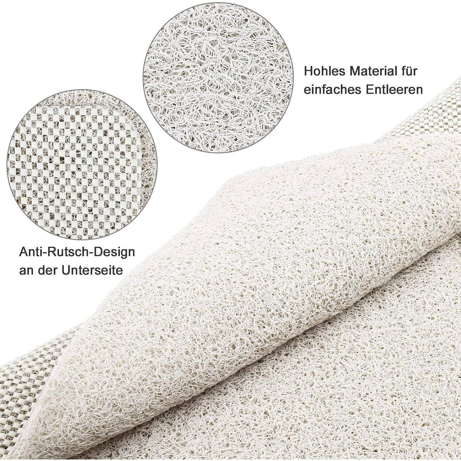 Weiße strukturierte Matte, aufgerollt gezeigt, mit deutschen Beschriftungen, die das hohle Material für einfache Drainage und die rutschfeste Unterseite hervorheben.
