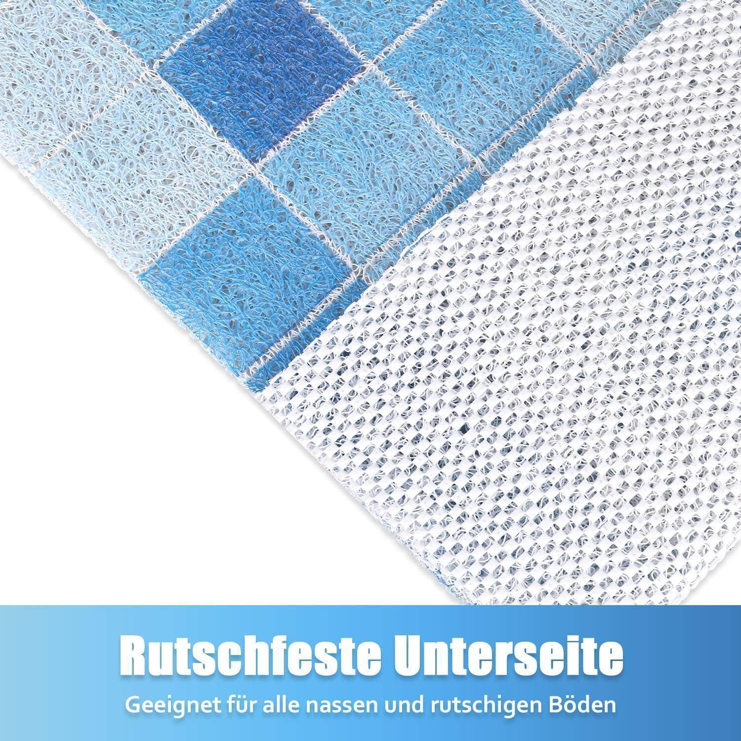 Blau-weiße rutschfeste Bodenmatte mit strukturierter Unterseite; deutscher Text besagt „Rutschfeste Unterseite