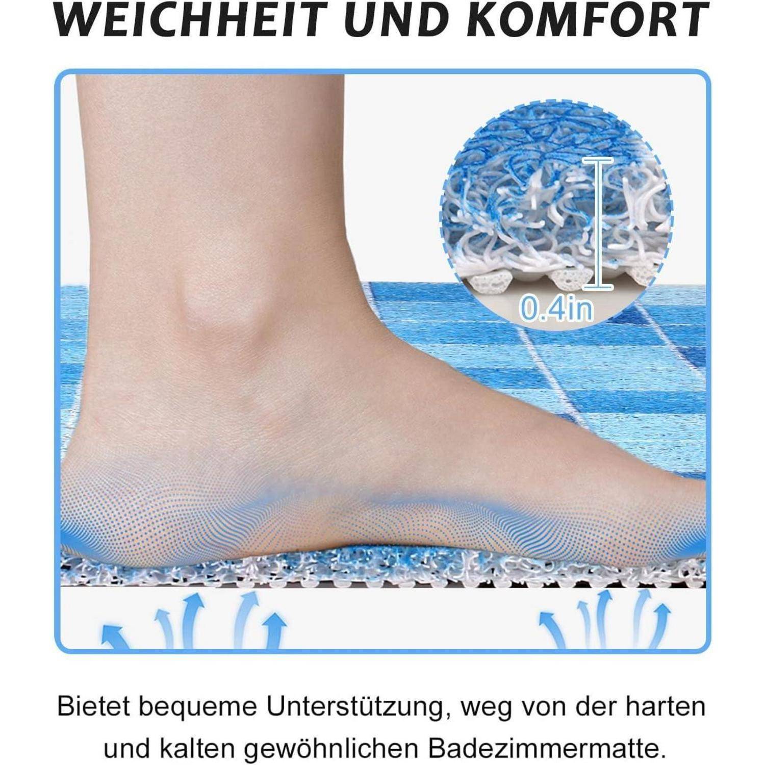 Nahaufnahme eines Fußes auf einer gepolsterten Badematte, die weiches Polster und Komfort zeigt; eine eingefügte Beschriftung kennzeichnet die Mattenstärke als „0,4 Zoll