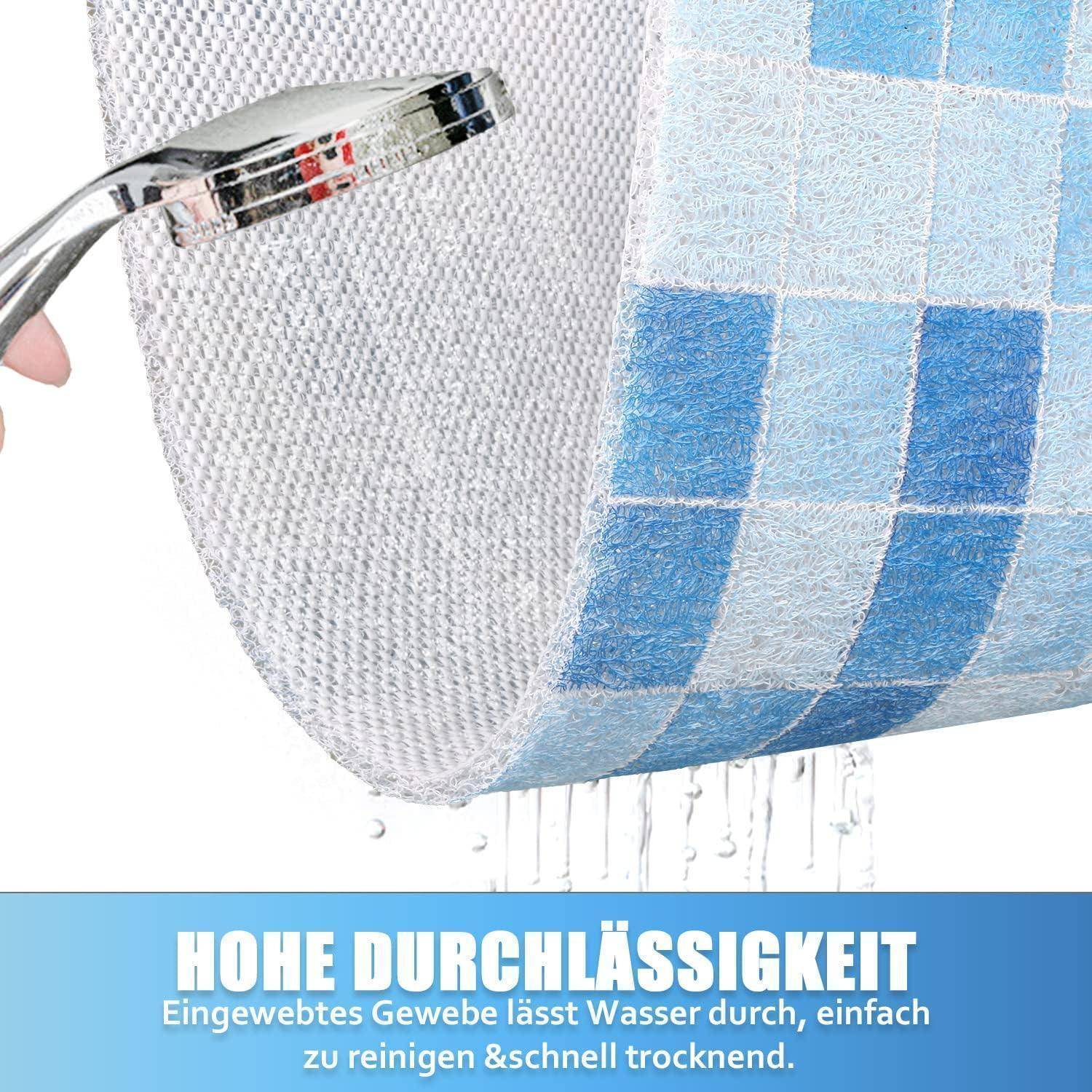 Duschkopf sprüht Wasser durch ein gewebtes Maschengewebe; deutscher Text sagt „HOHE ATMUNGSAKTIVITÄT