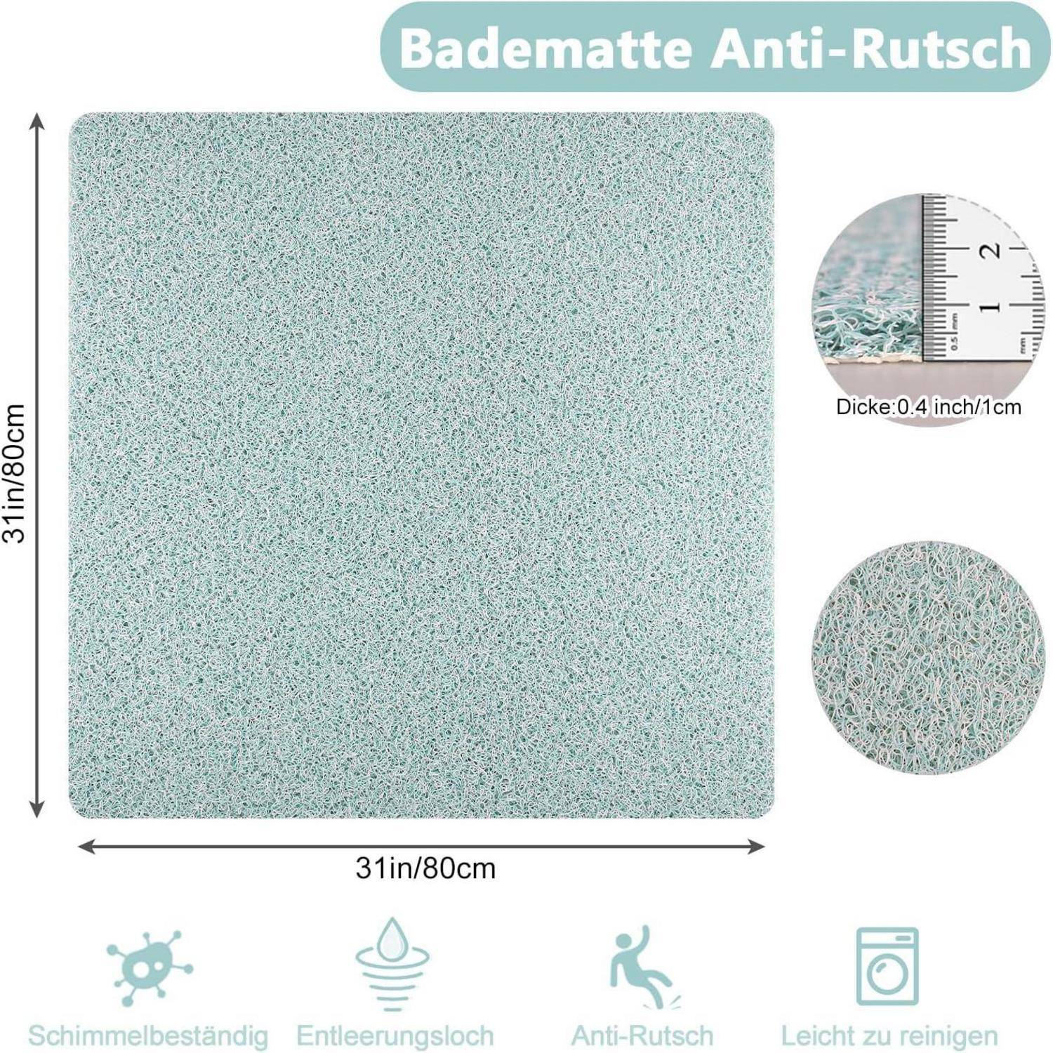 Produktbild einer mintgrünen rutschfesten Bodenmatte, quadratisch 31 x 31 Zoll; Dicke angegeben als 0,4 Zoll/1 cm, mit Symbolen für schimmelresistent, Ablaufsloch, leichte Reinigung.
