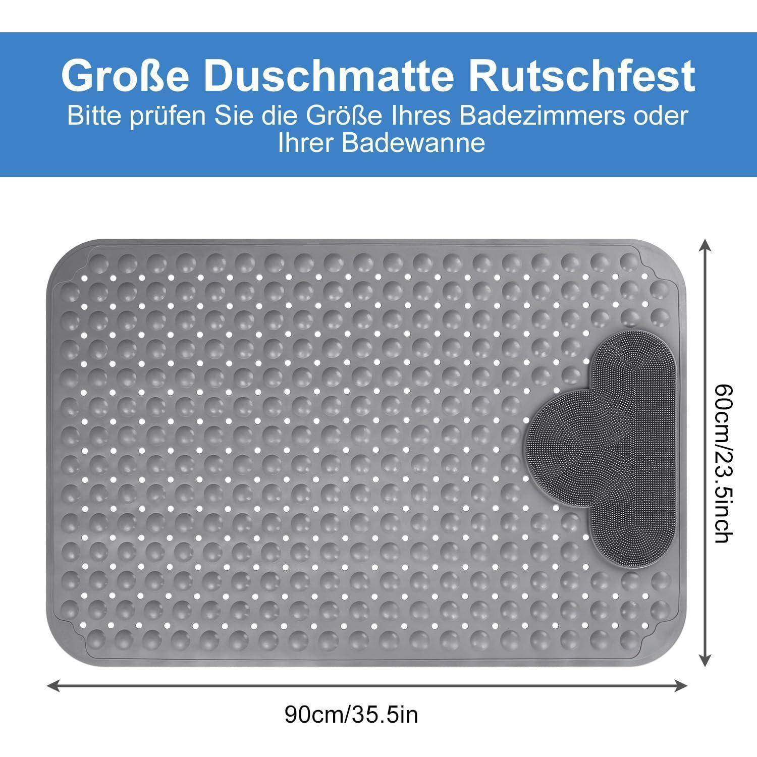 Graue rutschfeste Duschmatte mit Saugnäpfen und dunklem Eckgriff, mit der Bezeichnung „Große Duschmatte Rutschfest