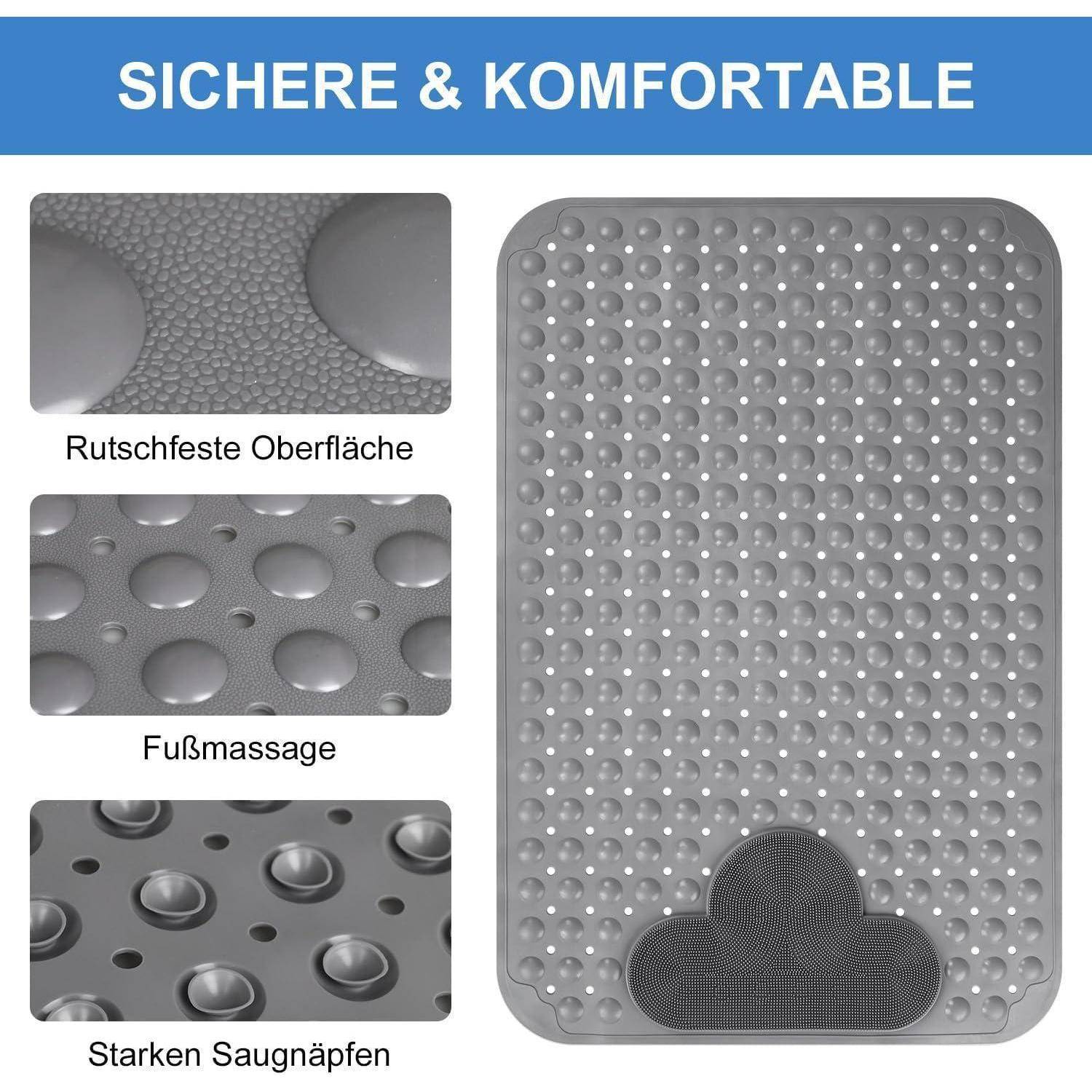 Grauer Badteppich mit rutschfester strukturierter Oberfläche, Fußmassage-Noppen und Saugnäpfen; gekennzeichnet mit „SICHERE & KOMFORTABLE