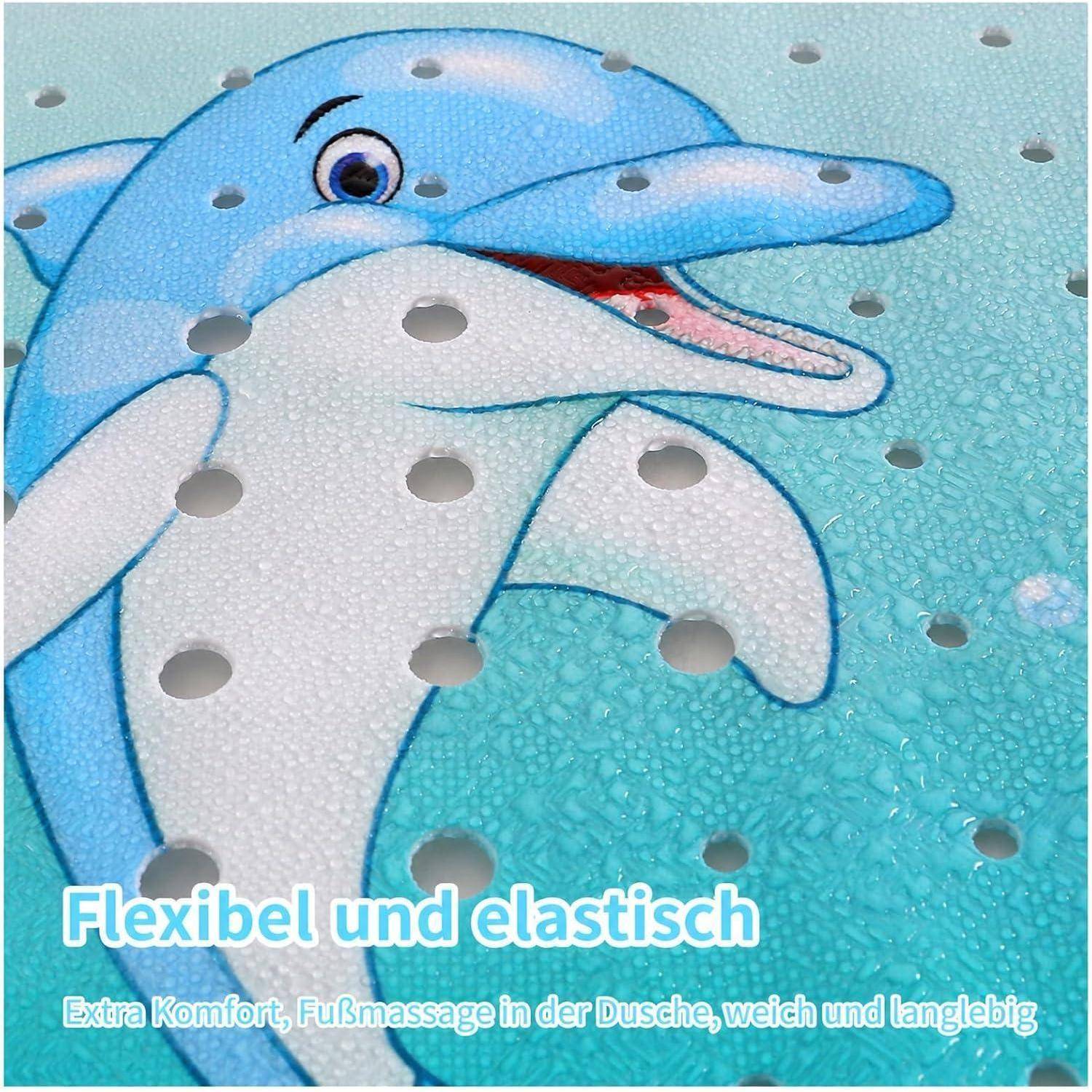 Blauformenige Delphin-Duschenmatte mit Saughöchern, gekennzeichnet auf Deutsch mit "Flexibel und elastisch"" und ""Extra Komfort. Fußmassage in der Dusche, weich und langlebig"".