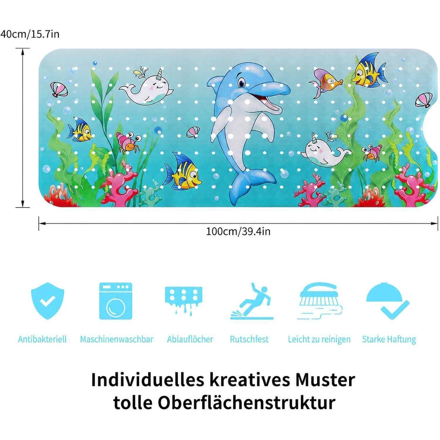 Illustrierte blaue Delfin-Badematte, 100 x 40 cm, mit Cartoon-Meereslebewesen; die Symbole unten zeigen antibakteriell, maschinenwaschbar, rutschfest, leicht zu reinigen, starker Halt.