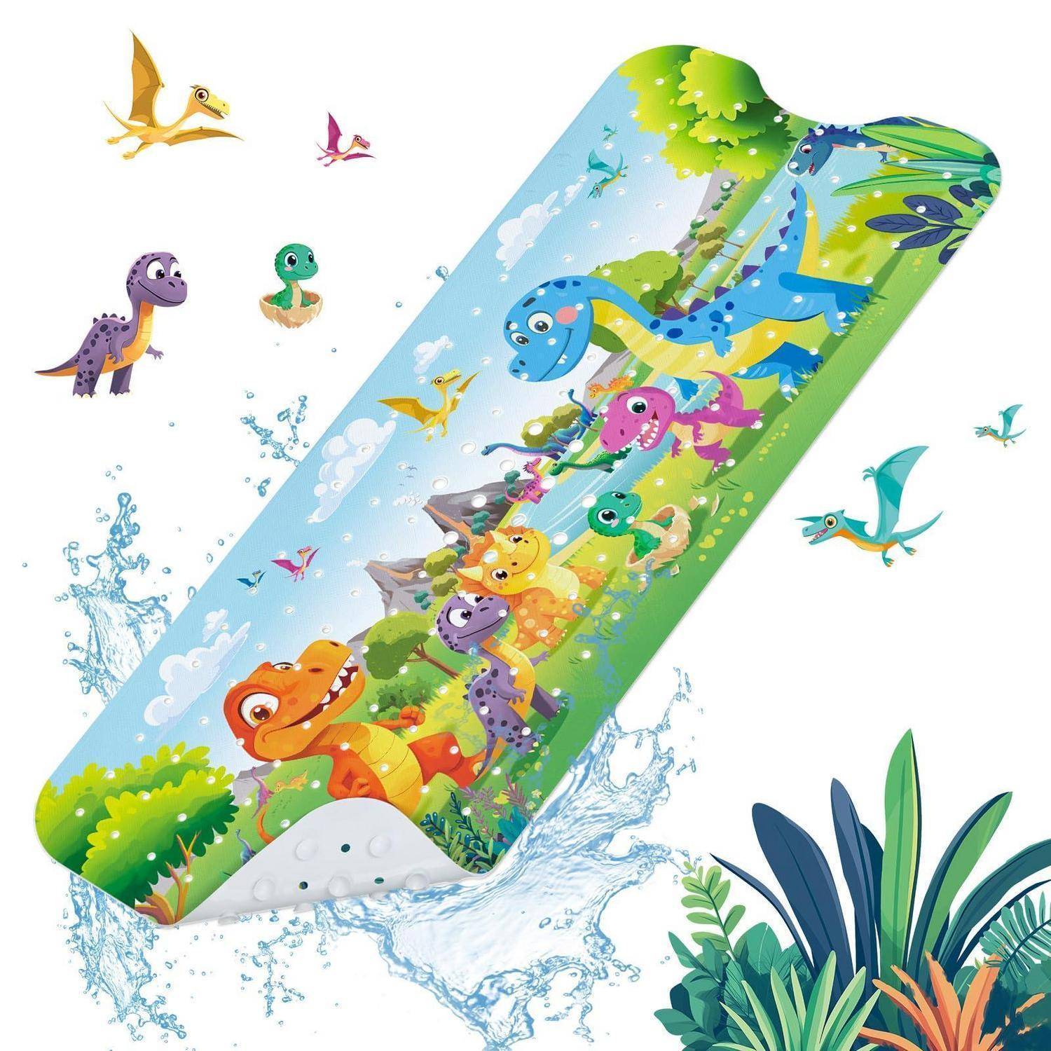 Farbenfroher Cartoon-Bleistift mit lächelnden Dinosauriern und fliegenden Flugsauriern, umgeben von spritzendem Wasser und tropischen Blättern.
