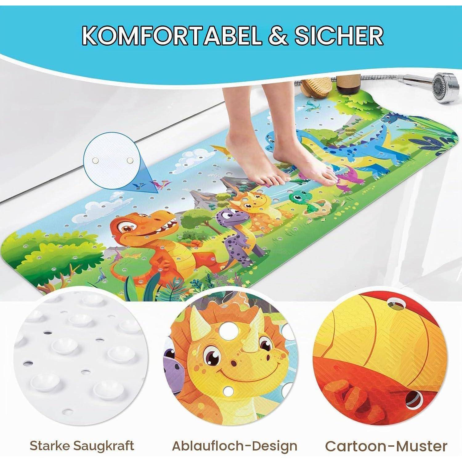 Kinder-Badmatte mit Cartoon-Dinosauriern, Saugnäpfen und Ablauflöchern, beschriftet mit „KOMFORTABEL & SICHER