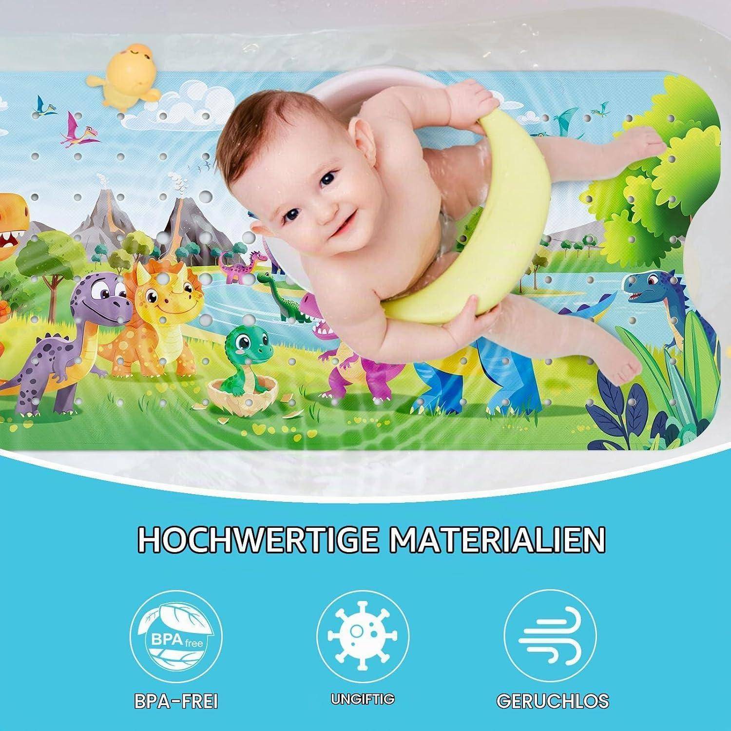 Baby liegt auf einer bunten dinosaurierthematisierten Spielmatte, hält ein Ringspielzeug; Text darunter sagt „HOCHWERTIGE MATERIALIEN