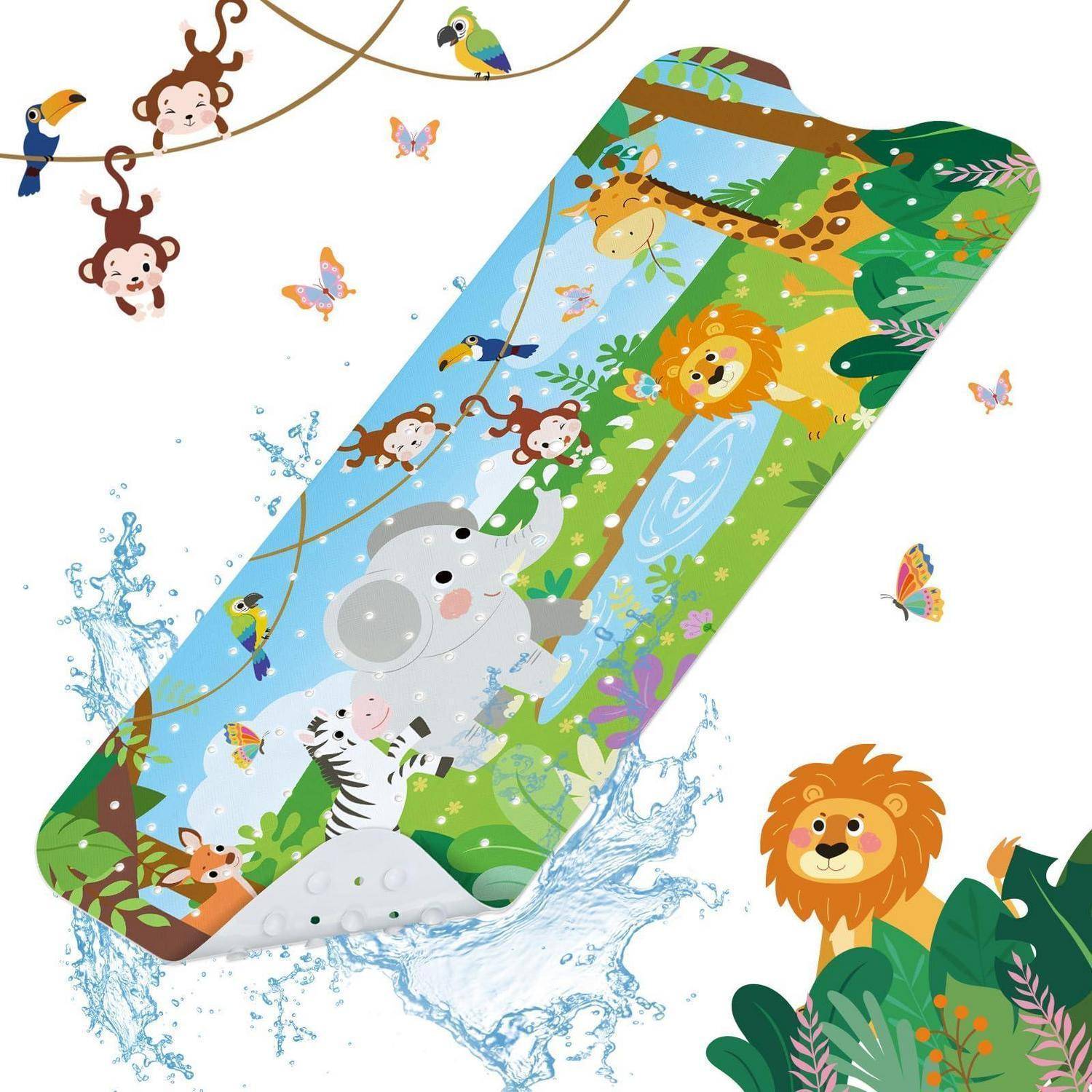 Illustriertes Smartphone umgeben von Dschungeltierbewohnern und Wasserspritzeern, mit einem Elefanten, Zebra, Löwe, Affen, Vögeln, Schmetterlingen und einer Giraffe.