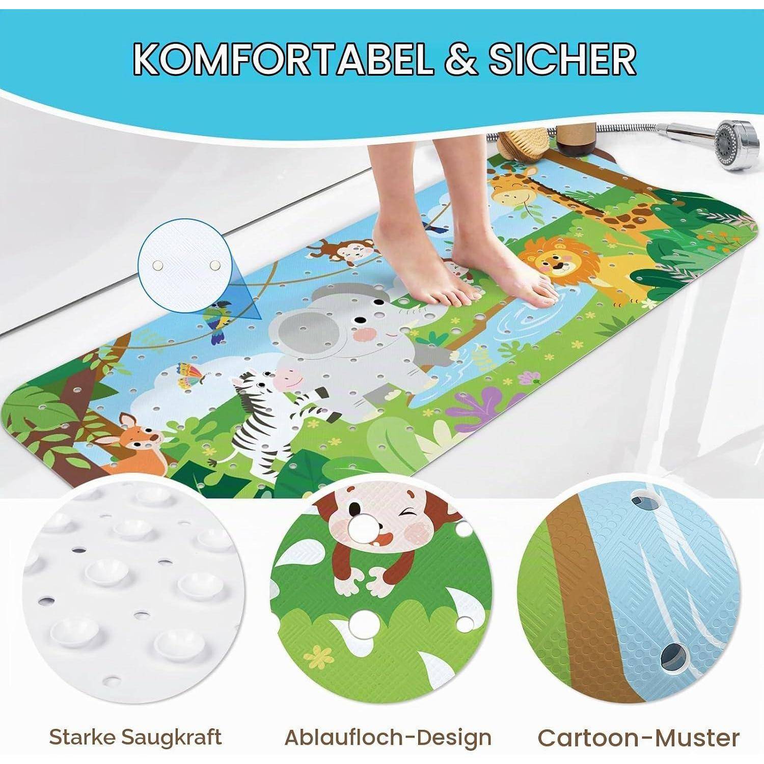 Illustrierte Badematte mit Saugnäpfen und Ablauflöchern; ein Kind steht darauf. Der Text besagt „KOMFORTABEL & SICHER