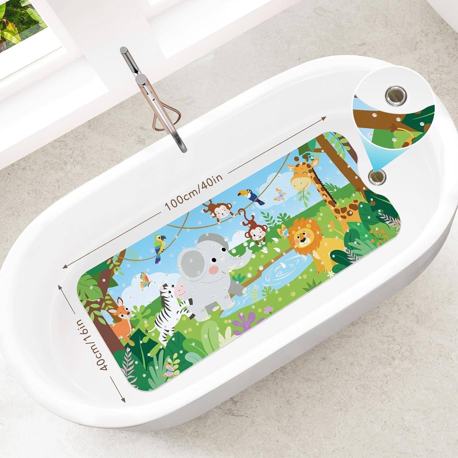 Weiße Badewanne mit farbenfroher Dschungel-Themen-Einlage mit Tieren; gekennzeichnet mit 100 cm/40 Zoll Länge und 40 cm/16 Zoll Breite.