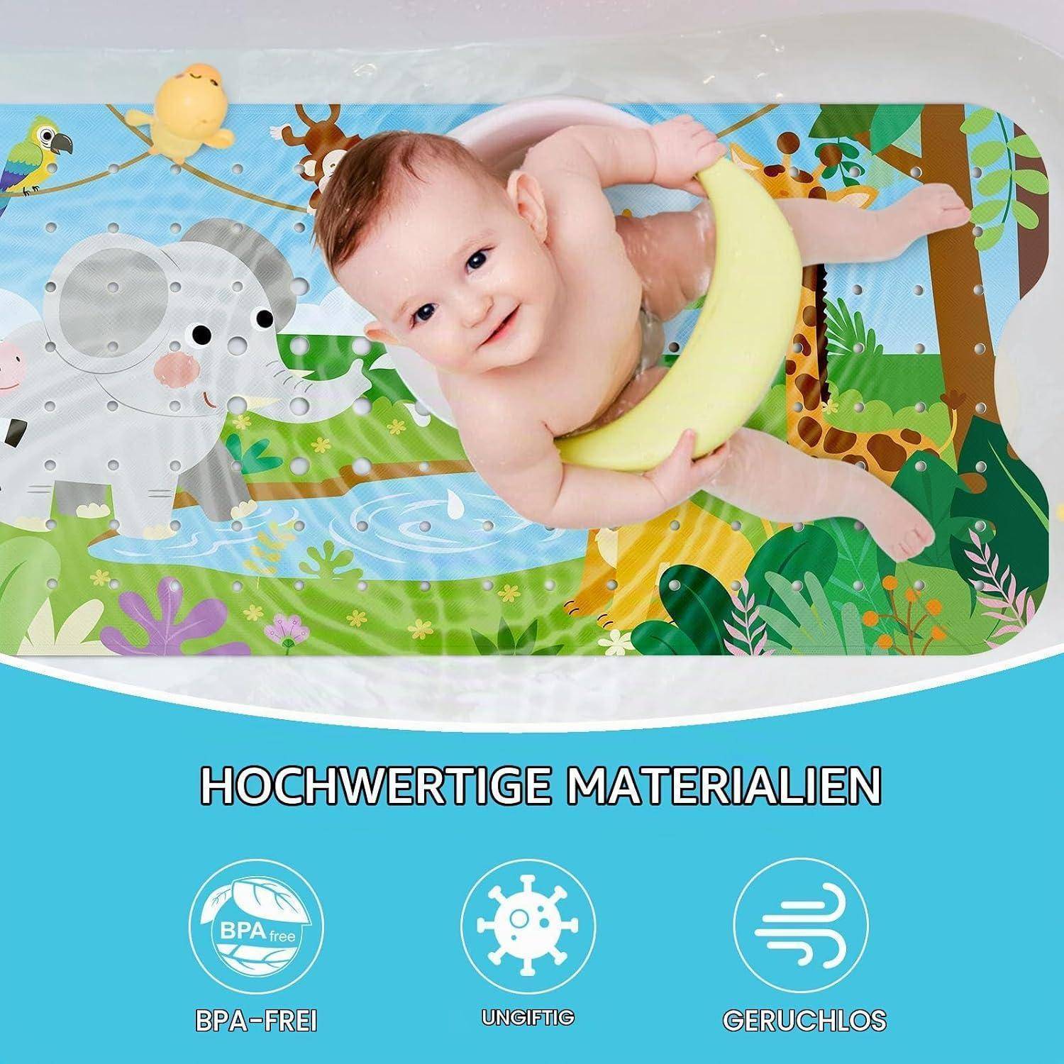 Kleines Kind, das lächelt und in einer bunten Babywanne mit einem gelben Stützring liegt; darunter befinden sich deutsche Beschriftungen für „hochwertige Materialien