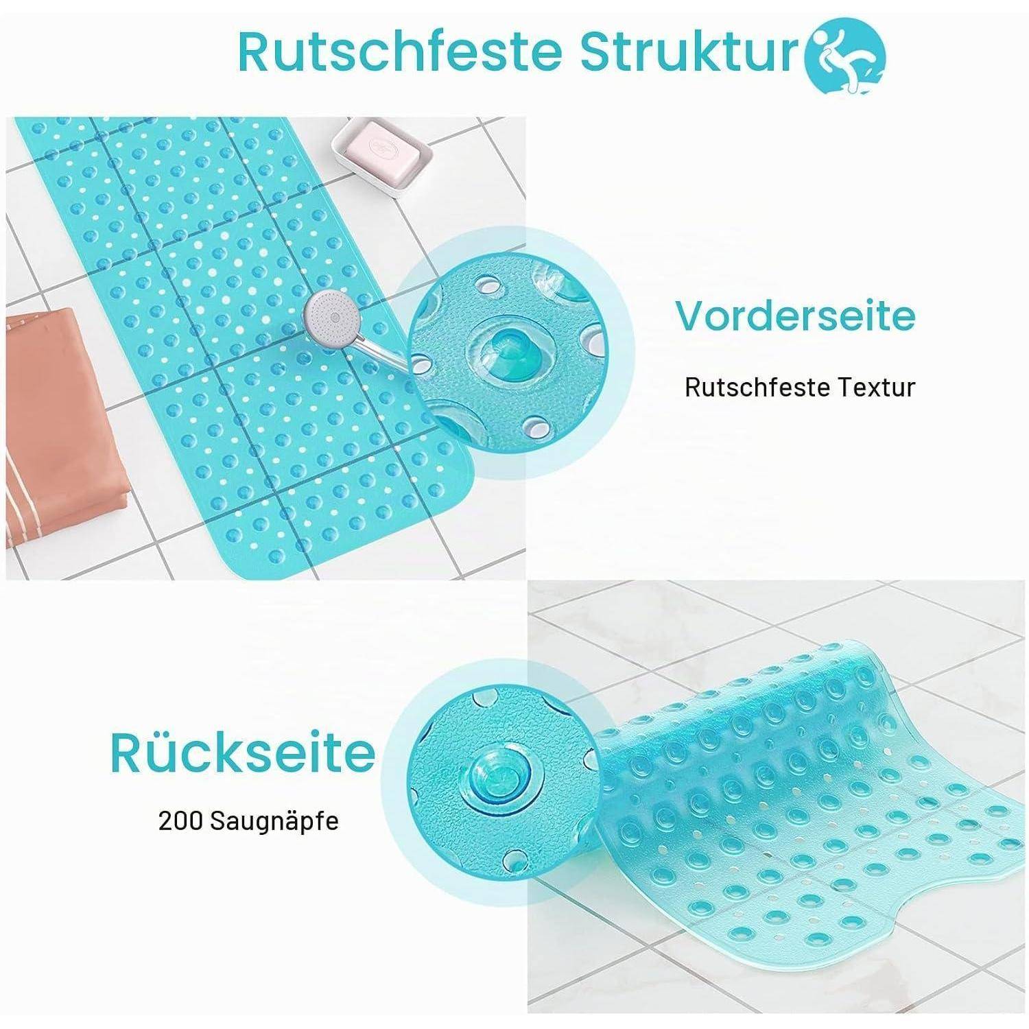 Deutsches Produktgrafik, das eine türkisfarbene Badmatte von vorn und hinten zeigt: rutschfeste strukturierte Oberfläche und 200 Saugnäpfe, beschriftet mit „Vorderseite" und „Rückseite"".