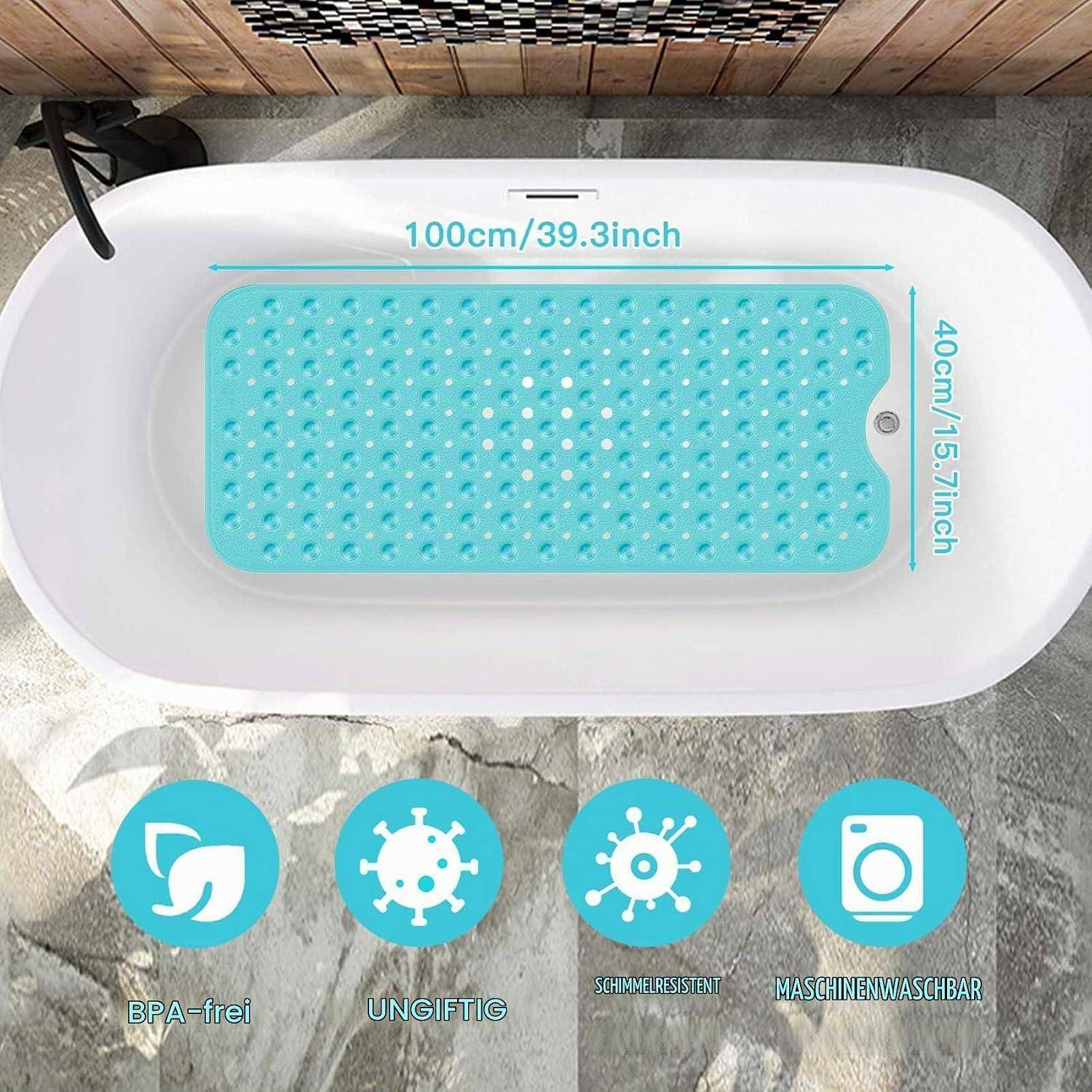 Rechteckige türkisfarbene Badmatte in einer weißen Wanne, mit der Bezeichnung 100 cm x 40 cm, mit Symbolen für BPA-frei, ungiftig, schimmelresistent und maschinenwaschbar.