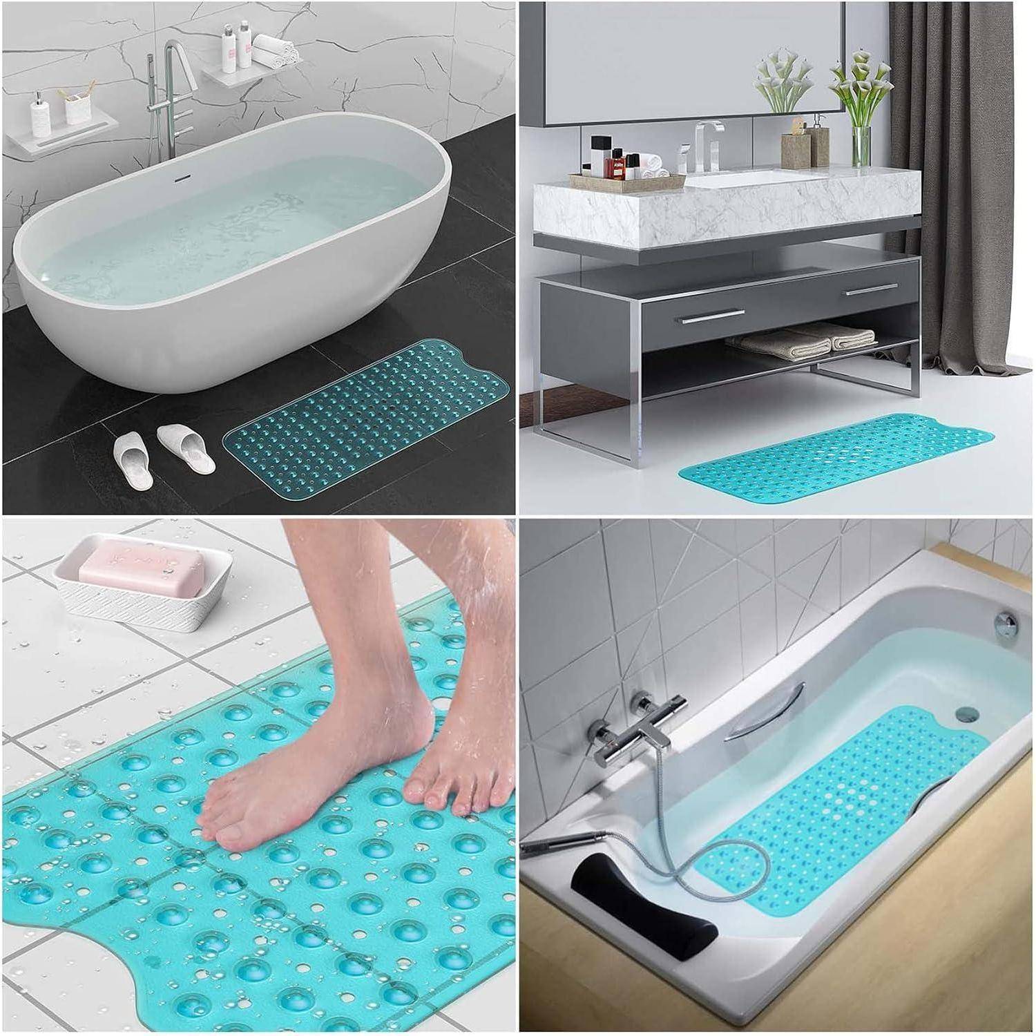 Collage, das eine türkisfarbene Saugbadematte zeigt, die in einer Badewanne, neben einem Waschtisch und auf Fliesen verwendet wird; ein Bild zeigt eine Person, die darauf tritt, um Rutschfestigkeit zu demonstrieren.
