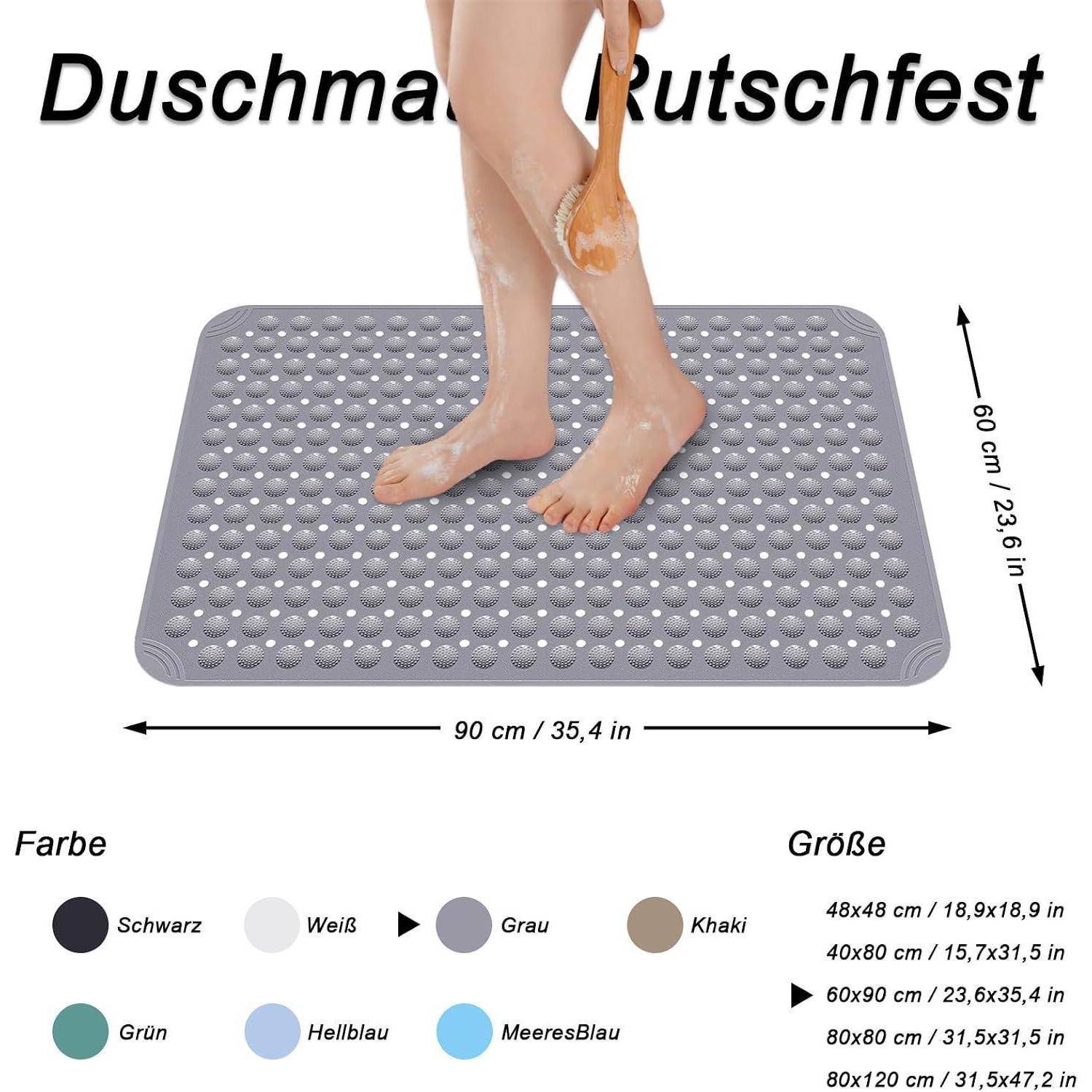 Dusch-Antirutschmatte mit erhabenen Punkten und einer Person, die darauf steht; zeigt Größe 90 x 60 cm und Farboptionen auf Deutsch.
