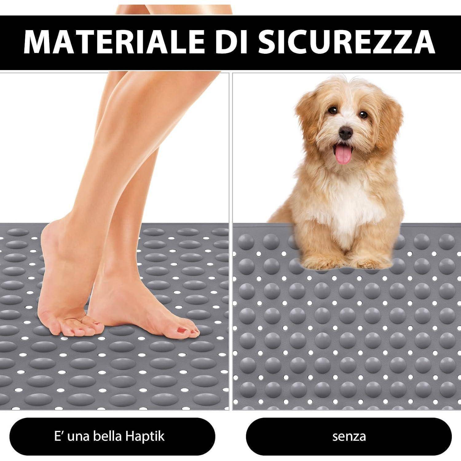 Vergleichsbild mit dem Titel 'SICHERHEITSMATERIAL': Ein nackter Fuß auf einer strukturierten Matte versus ein kleiner Hund, der auf einer ähnlichen Matte steht, beschriftet mit 'Es ist eine schöne Haptik' und 'ohne'.