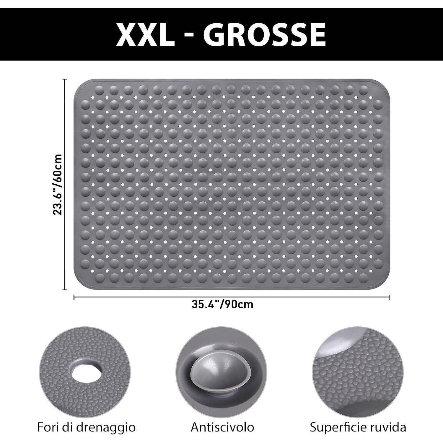 Graue XXL rechteckige Badmatte mit Saugnapfbuckeln, 35,4 x 23,6 Zoll (90 x 60 cm), mit Abflussloch, rutschfestem Rücken und rauer Oberfläche.
