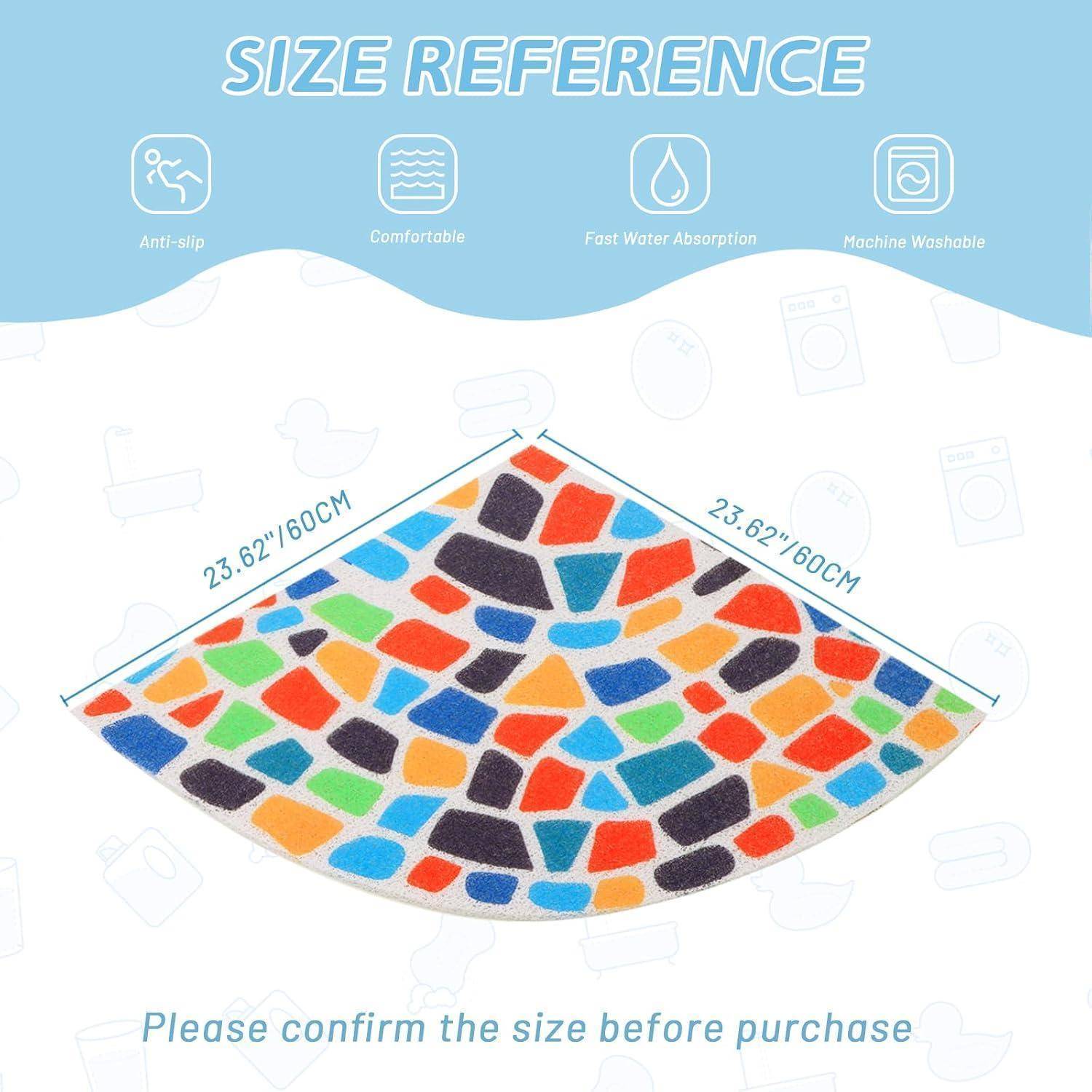Größenreferenz für eine farbenfrohe geometrische Badematte, beschriftet mit 23,62 x 23,62 Zoll (60 cm) Quadrat, mit Symbolen für rutschfest, komfortabel, schnelle Wasseraufnahme und maschinenwaschbar.