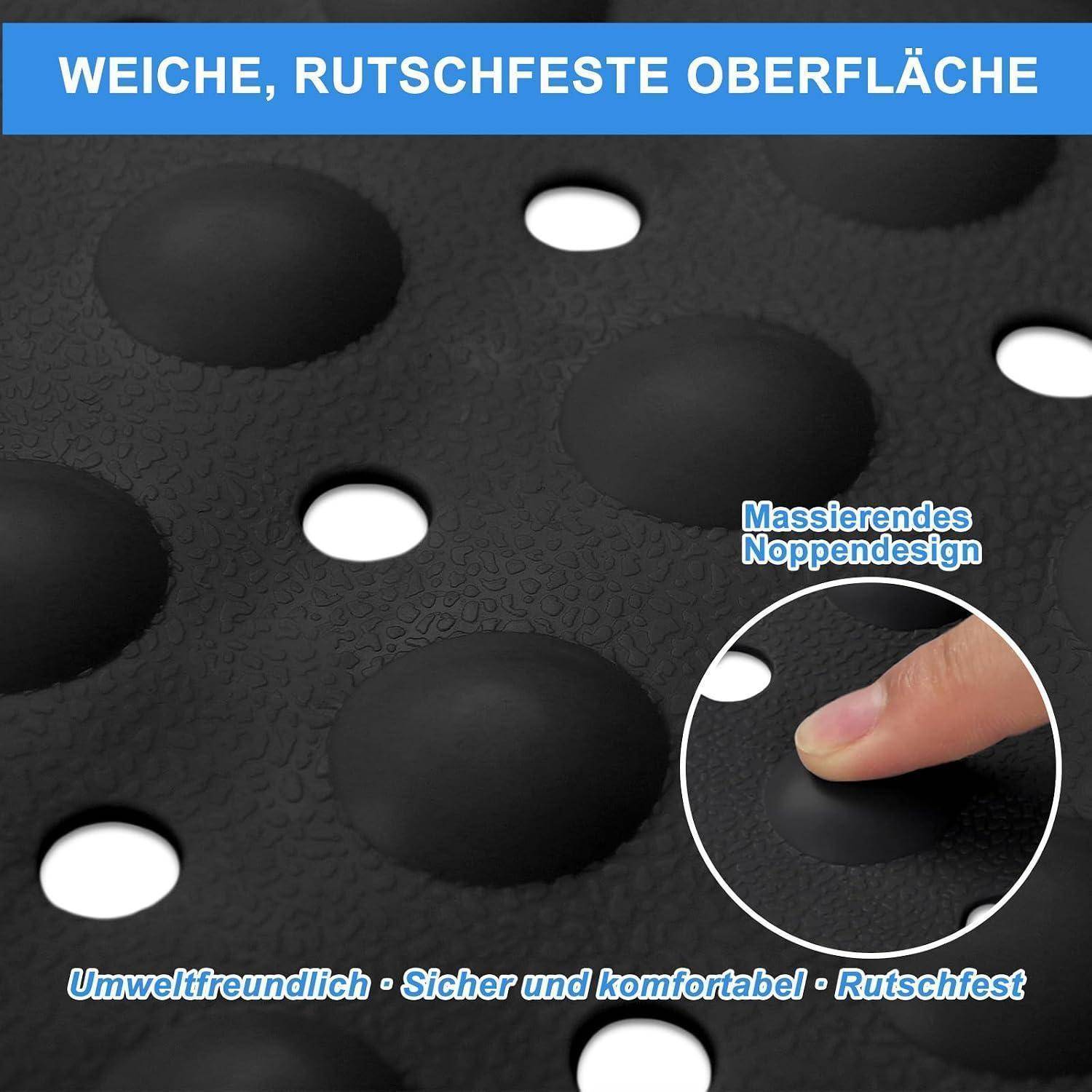 Strukturierte schwarze rutschfeste Oberfläche mit erhabenen Noppen, dargestellt als weich und komfortabel; eingefügte Finger drücken auf das Material, mit deutscher Beschriftung gekennzeichnet.