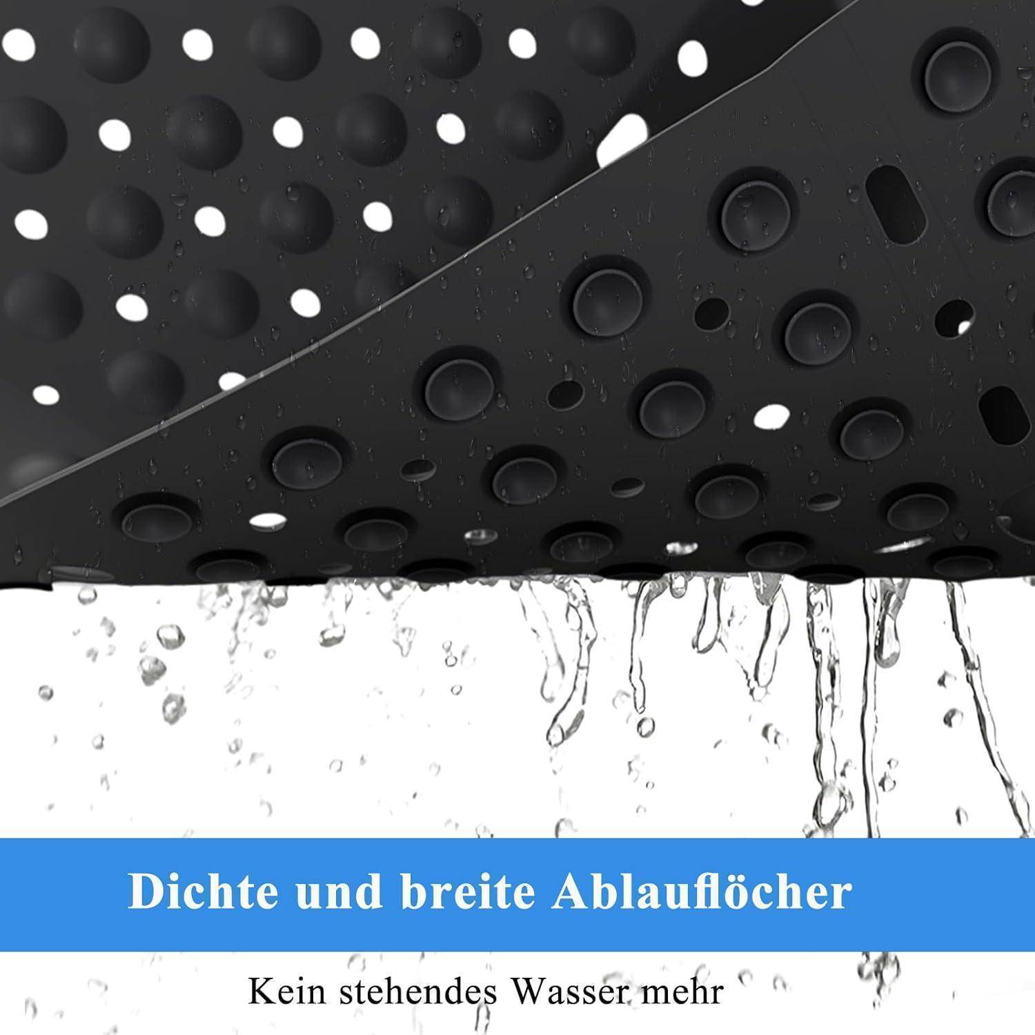 Schwarze perforierte Oberflächen leiten Wasser nach unten ab; deutscher Text sagt „Dichte und breite Ablauföcher