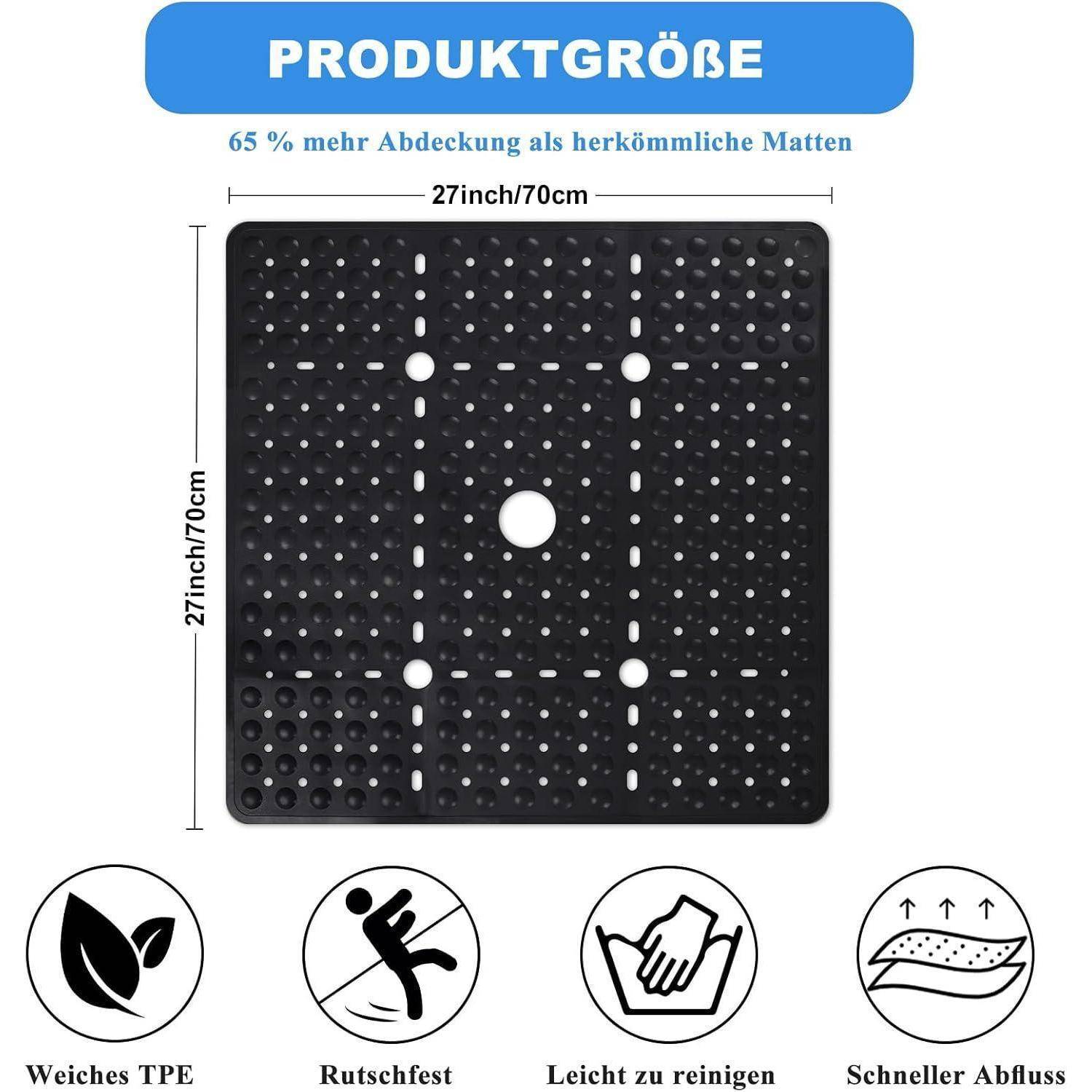 Quadratische schwarze perforierte TPE-Matte, 27x27 Zoll/70 cm, mit '65% mehr Abdeckung als herkömmliche Matten' und Symbolen für weich, rutschfest, leicht zu reinigen, schnelle Drainage.