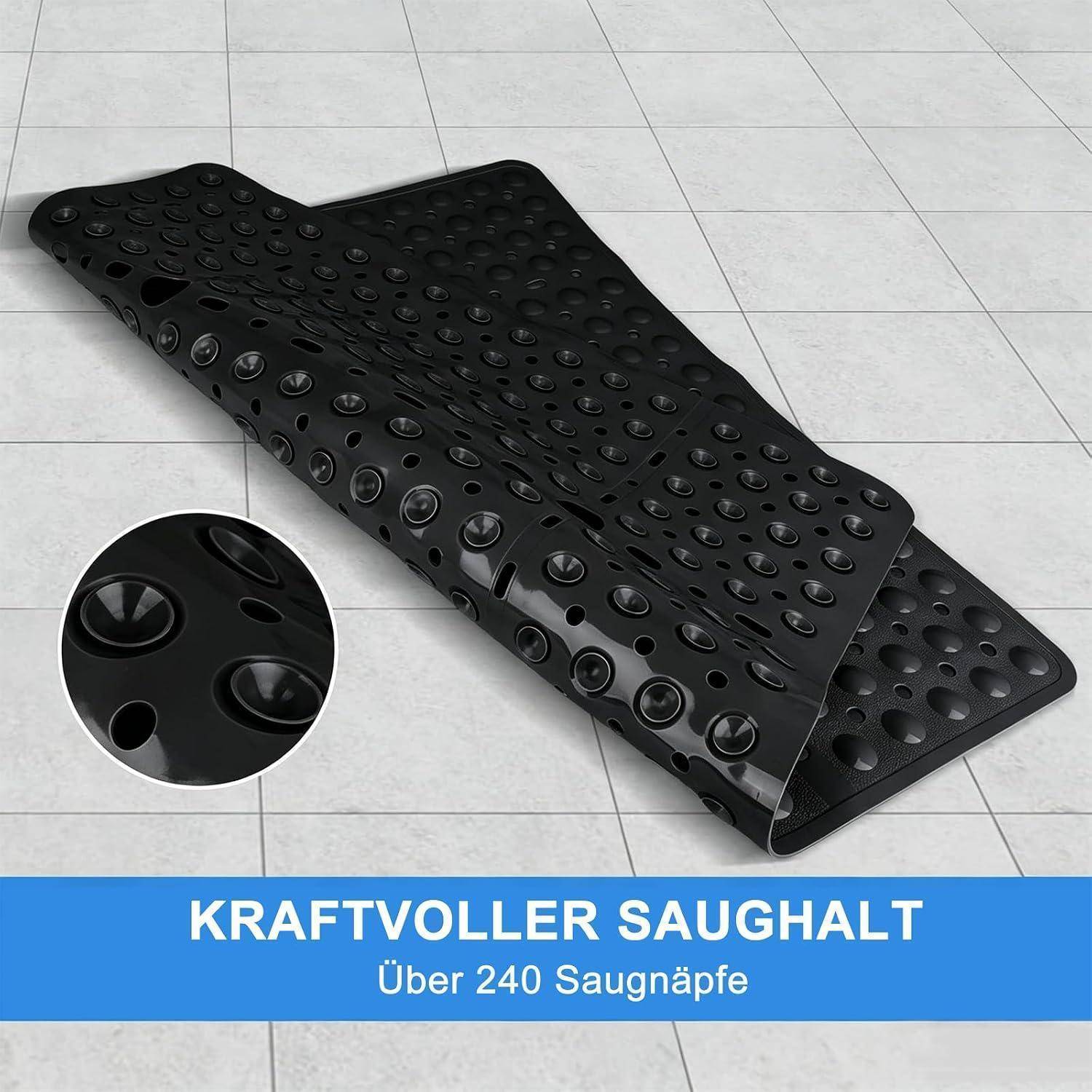 Schwarze perforierte Saugmatte mit eingefügter Nahaufnahme; Text lautet 