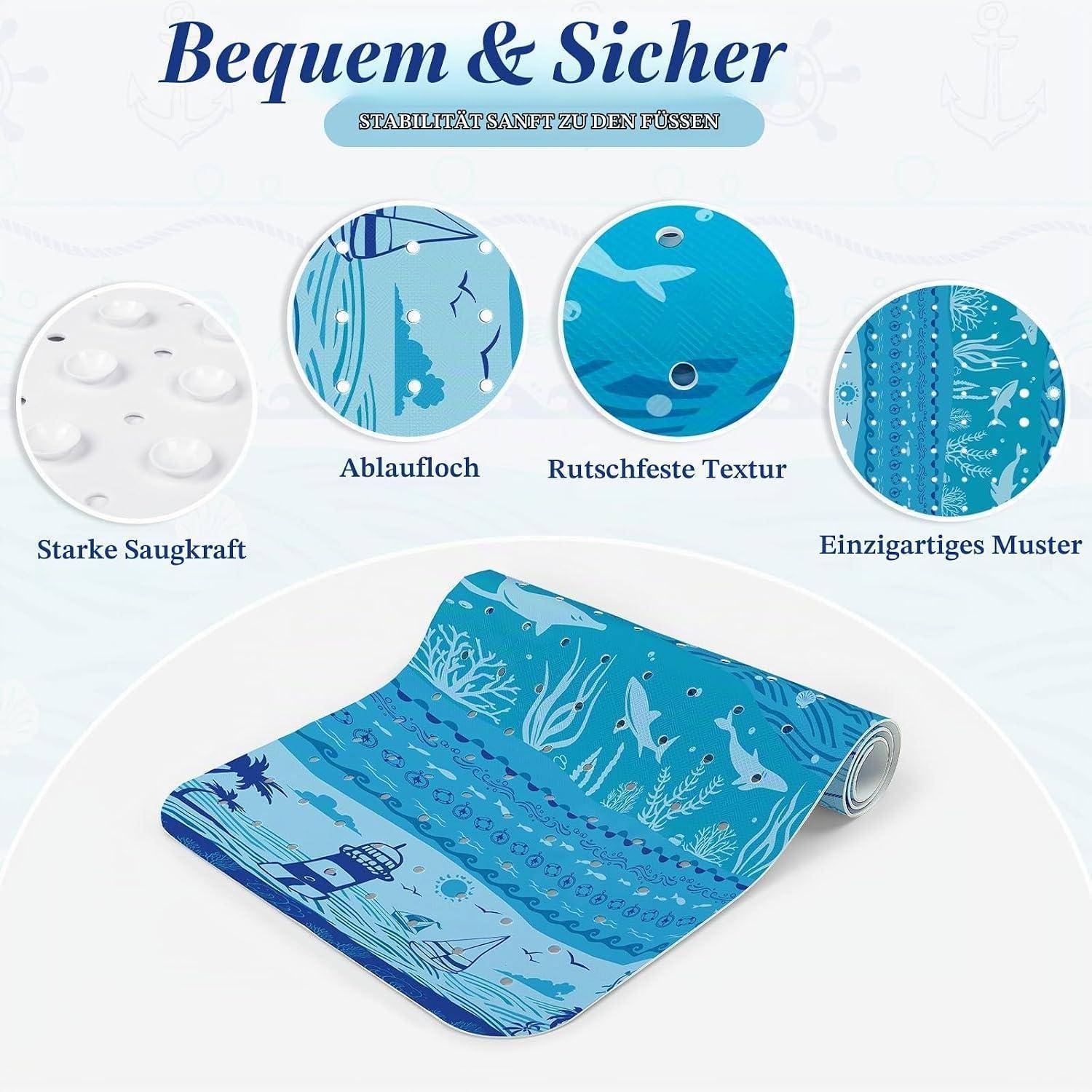 Werbebild einer blauen Badezimmermatte mit Meermuster, die starke Haftkraft, Entwässerungslöcher, rutschfeste Oberfläche und einzigartiges Design hervorhebt.
