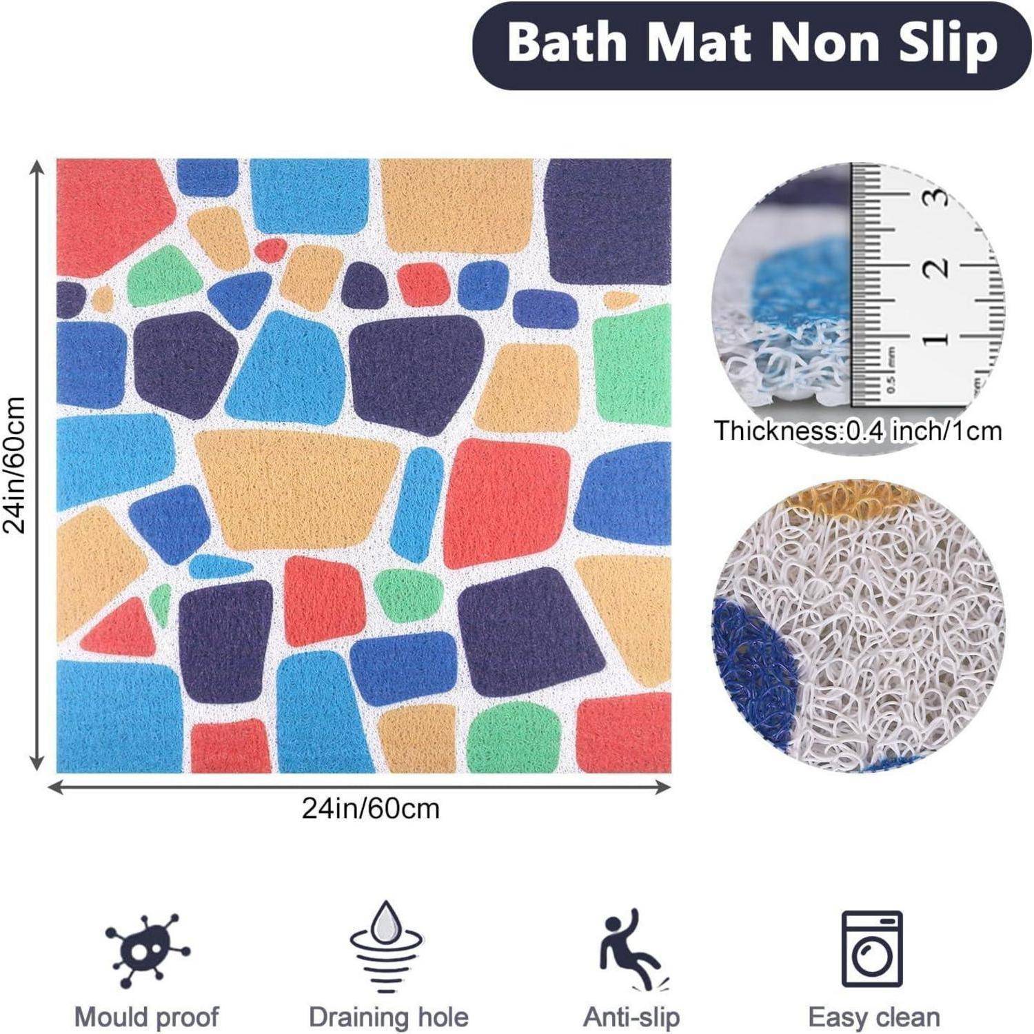 Grafik einer 24 x 24 Zoll rutschfesten Badmatte mit farbenfrohem Mosaikmuster, 1 cm Dicke und Merkmalen: schmutzabweisend, Drainageloch, rutschfest, leicht zu reinigen.