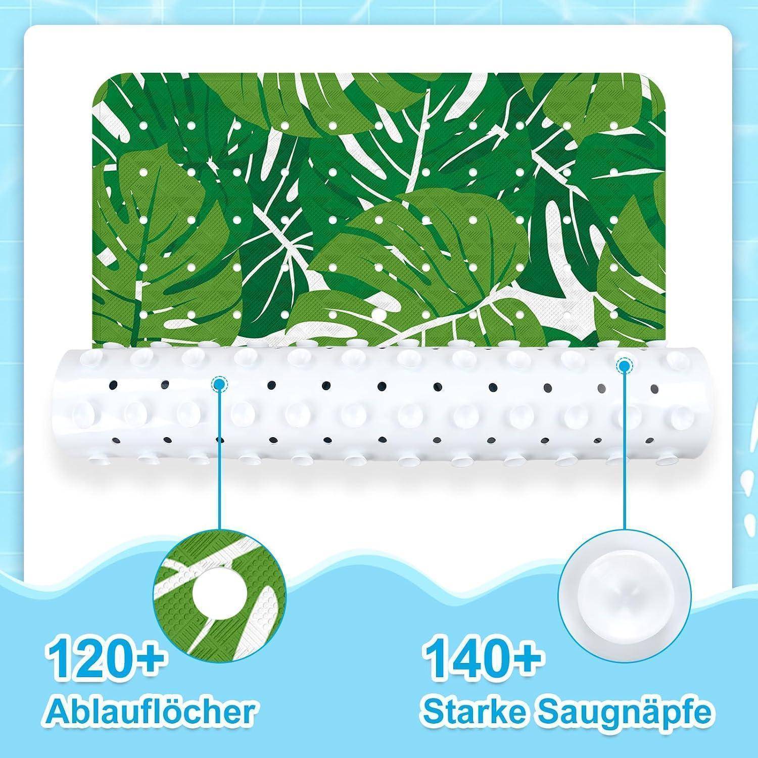 Illustration einer Badmatte mit grünem Blattmuster, 120+ Abflusslöcher und 140+ starke Saugnapfe für sicheren Halt.