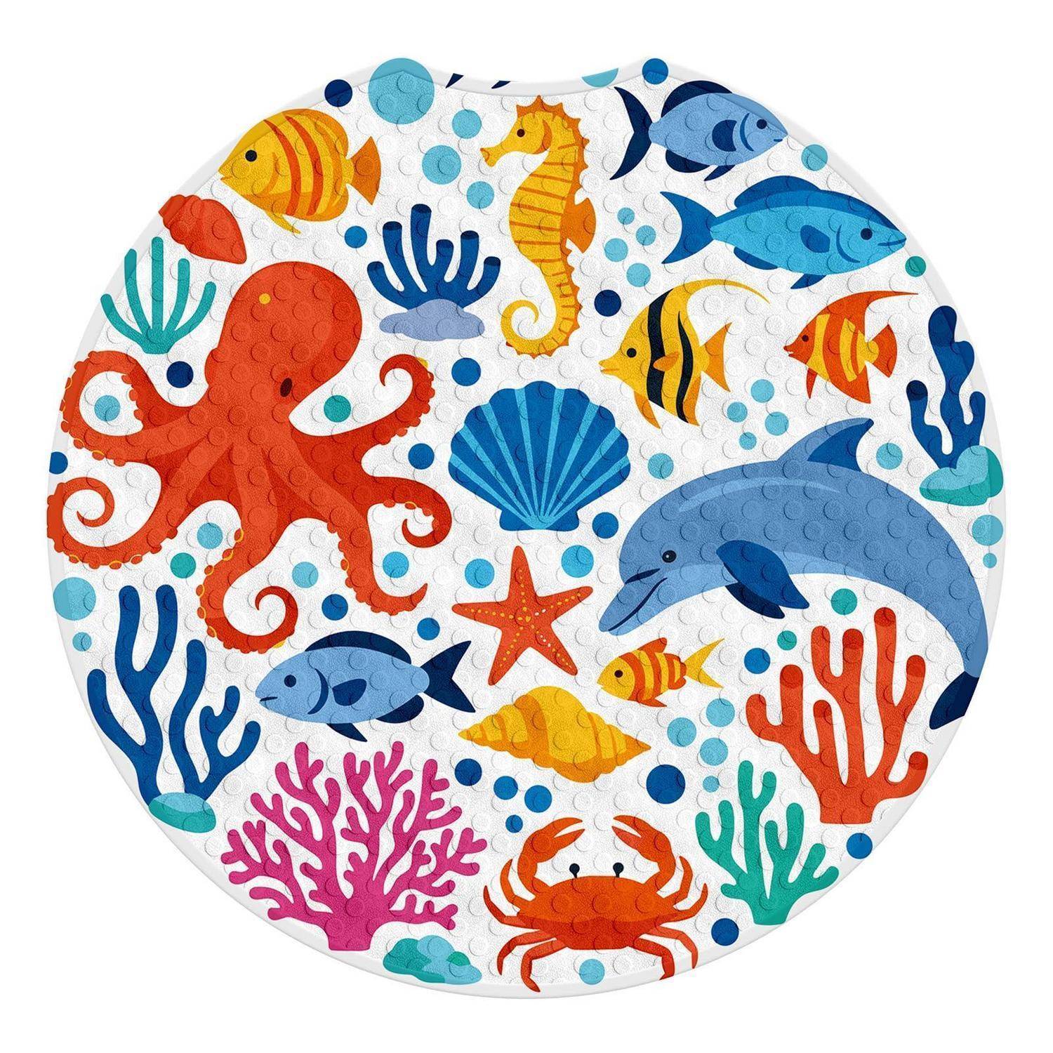 Bunte Unterwasserszenerie mit einem Oktopus, Delphin, Fischen, Seepferdchen, Krabbe, Muscheln und Korallen in einem runden Mosaik-ähnlichen Design.