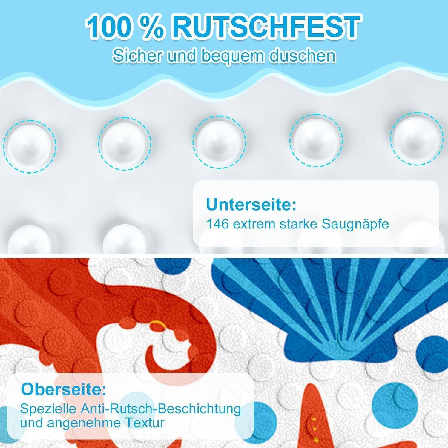 Produktgrafik, die die rutschfeste Unterseite einer Badewannenmatte mit 146 Saugnapfern und die strukturierte Oberseite mit speziellem rutschfestem Belag zeigt.