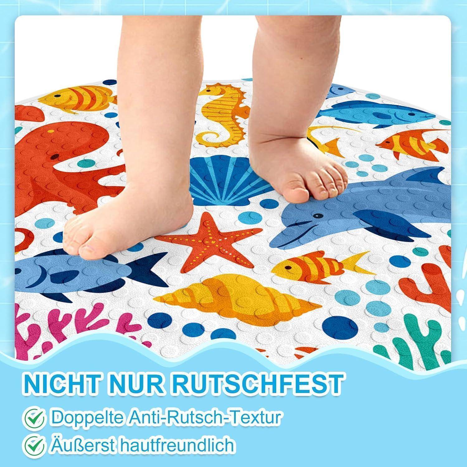 Babyfüße, die auf einer bunten Meerestier-Spielmatte stehen; deutscher Text besagt „NICHT NUR RUTSCHFEST", mit doppelter Antirutsch-Textur und hautfreundlicher Oberfläche.