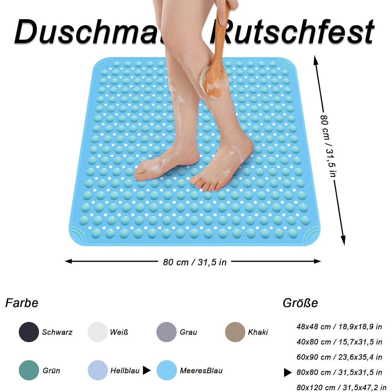 Duschmatte rutschfest 80x80cm PVC Meeresblau inkl. 2 Haken