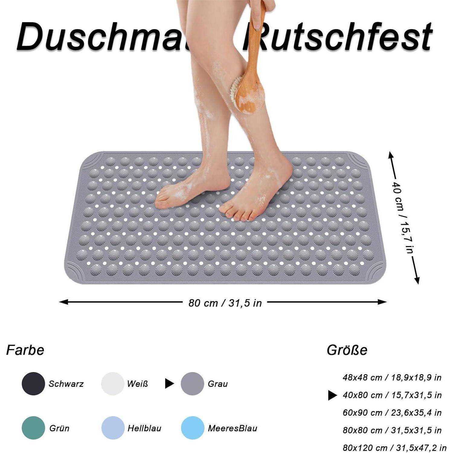 Duschmatte rutschfest 40x80cm PVC mit Saugnäpfen Grau