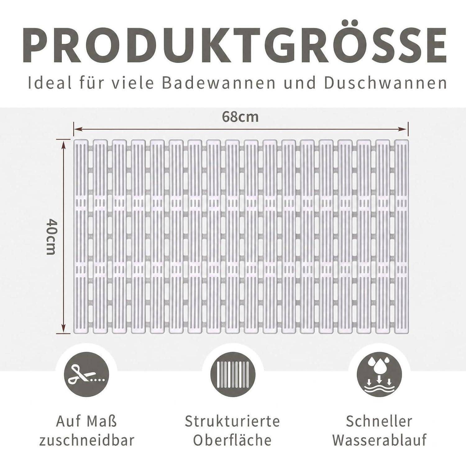 Venuso Duschmatte rutschfest 68x40cm Grau Anti Schimmel Schnell Trocknend